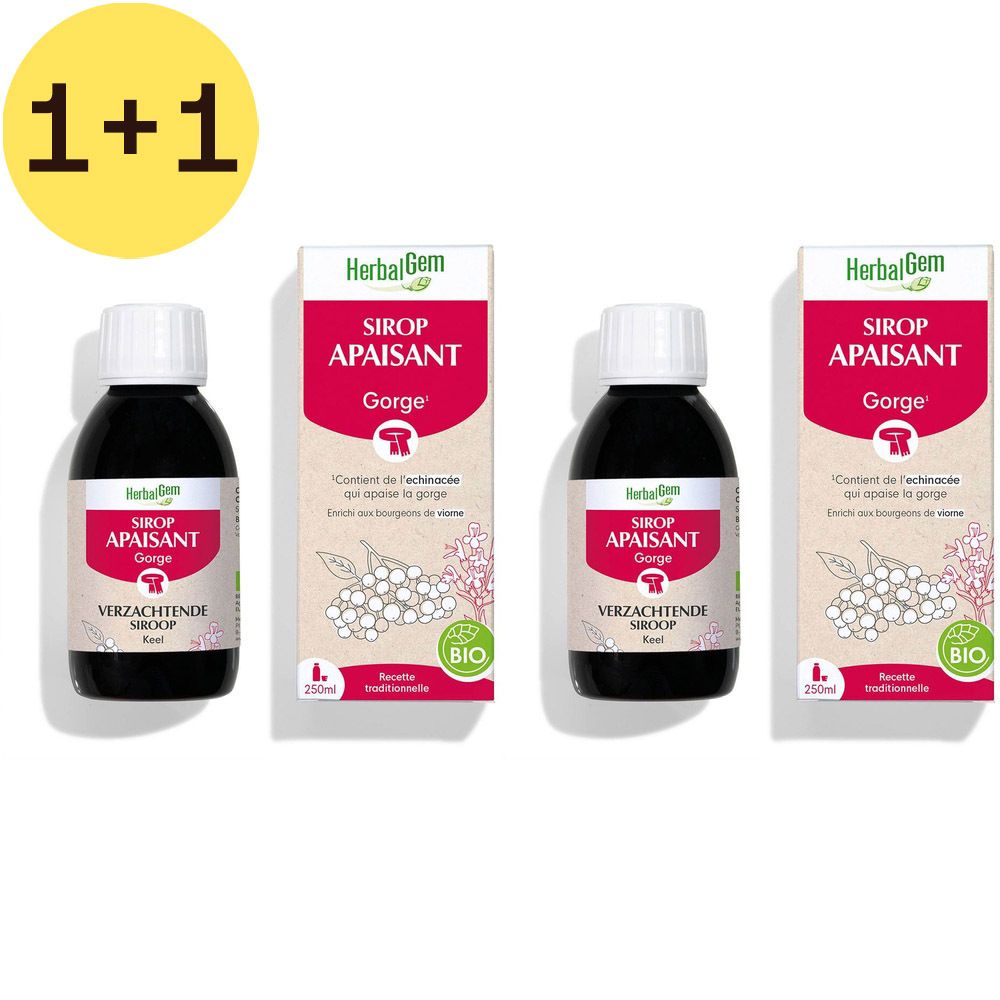 Flacons et emballages de Sirop Apaisant. Certification bio visible.