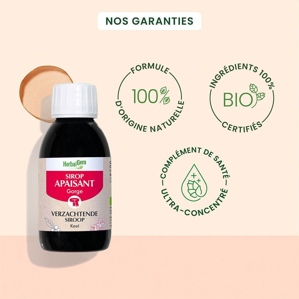 Une bouteille de sirop pour la gorge. Inscription: HerbalGem, Sirop Apaisant Gorge. Ingrédients 100% naturels.