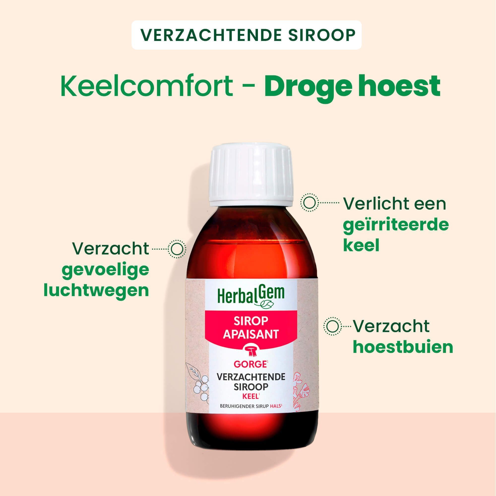 Drie flessen keelsiroop met verpakking. Opschrift: HerbalGem, Sirop Apaisant Gorge, 25ml.