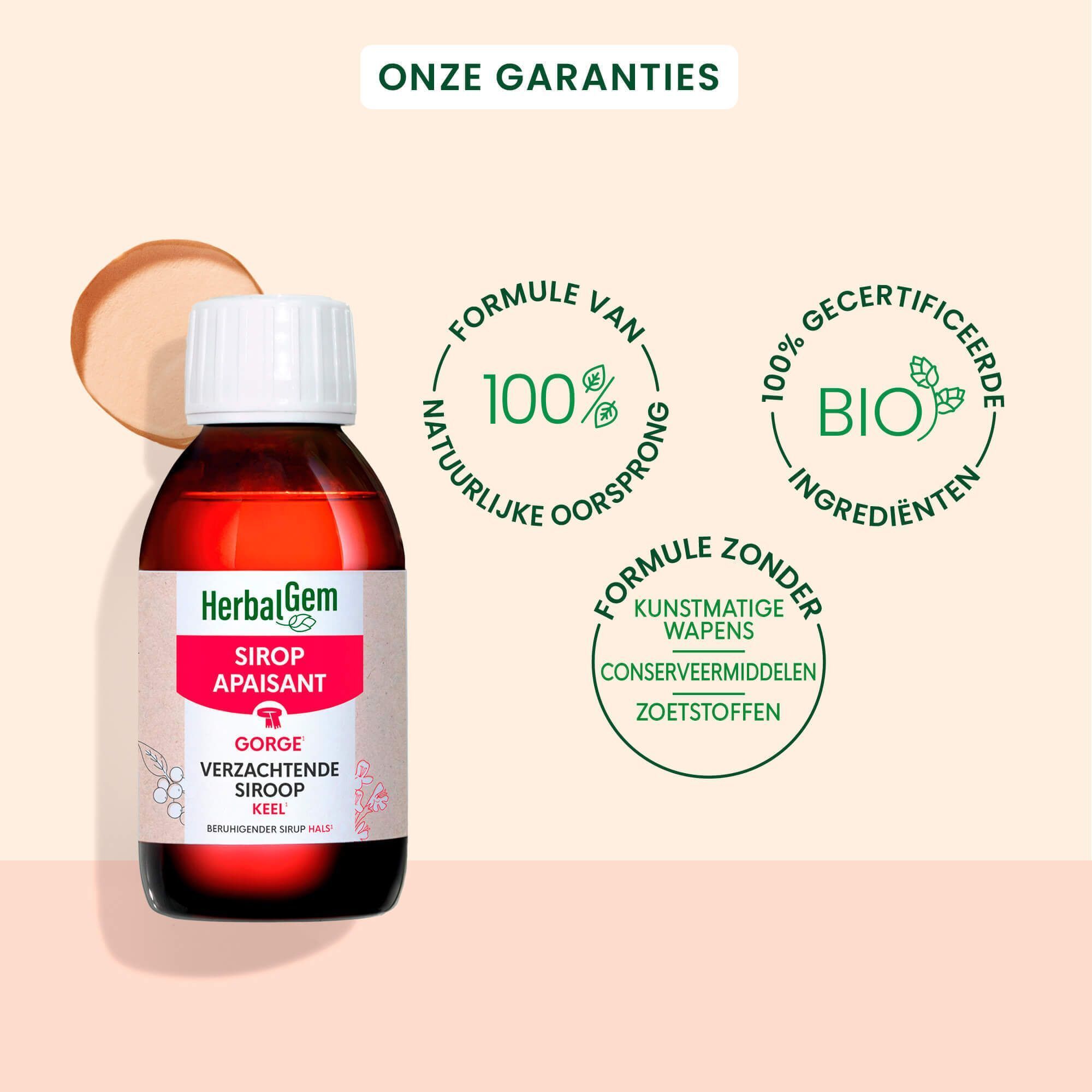 Een fles keelsiroop. Opschrift: HerbalGem, Sirop Apaisant Gorge. Met 100% natuurlijke ingrediënten.