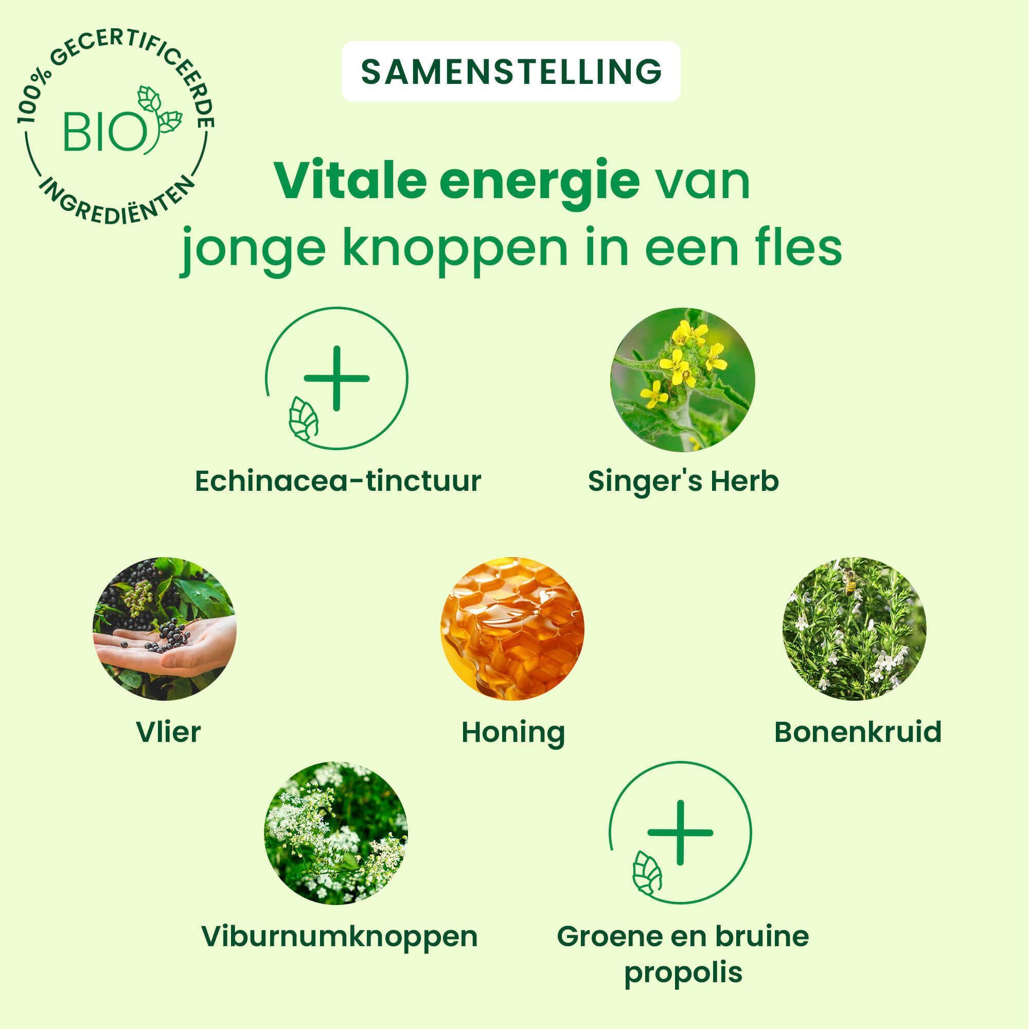 Een fles keelsiroop. Opschrift: HerbalGem, Sirop Apaisant Gorge. Met 100% natuurlijke ingrediënten.