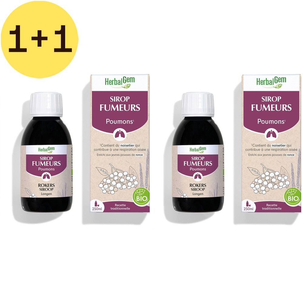 Trois flacons et emballages de Sirop Fumeurs HerbalGem. Flacons avec bouchon blanc, liquide foncé. Emballage avec logo et texte.