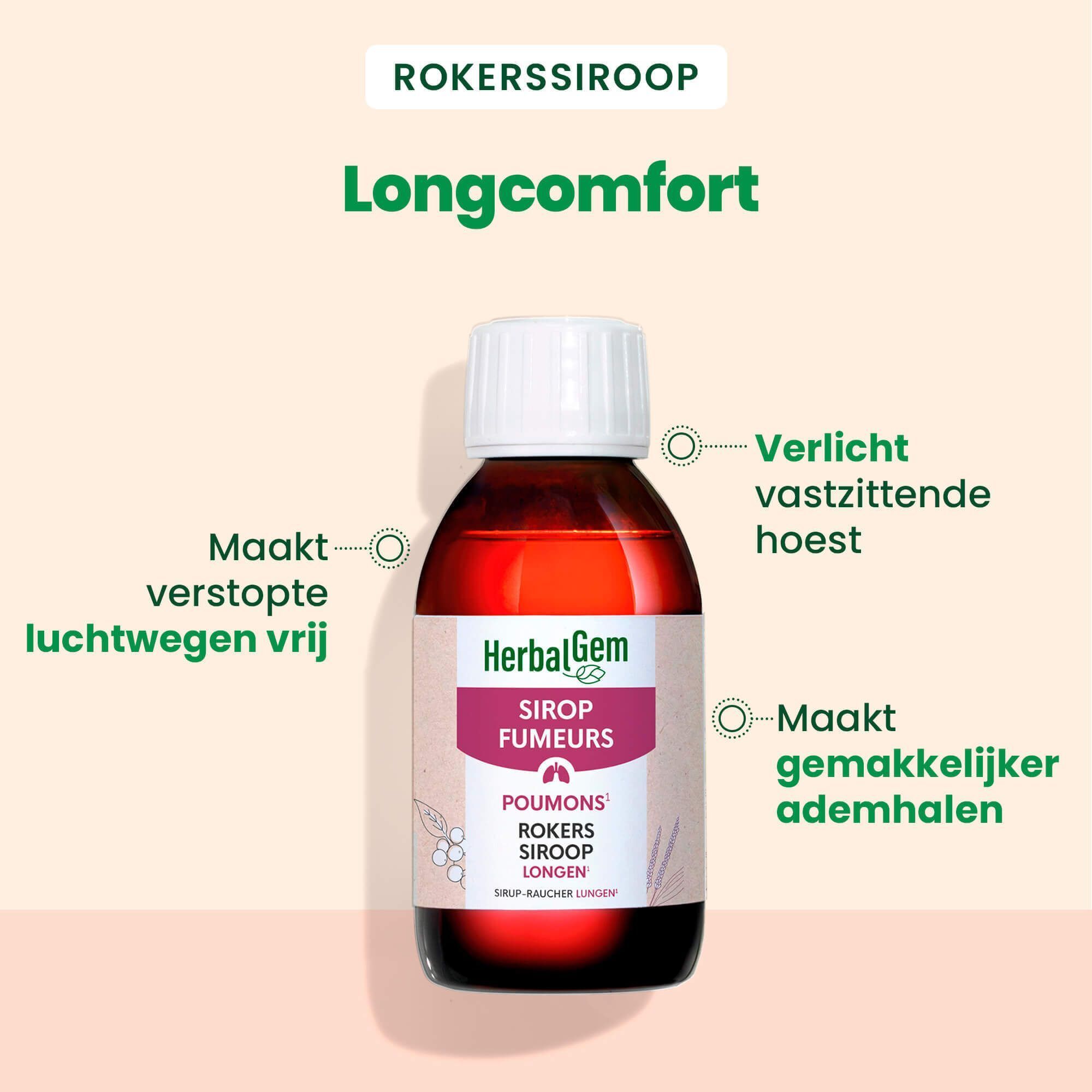 Fles HerbalGem Sirop Fumeurs. Opschriften: Maakt verstopte luchtwegen vrij, Verlicht vastzittende hoest.