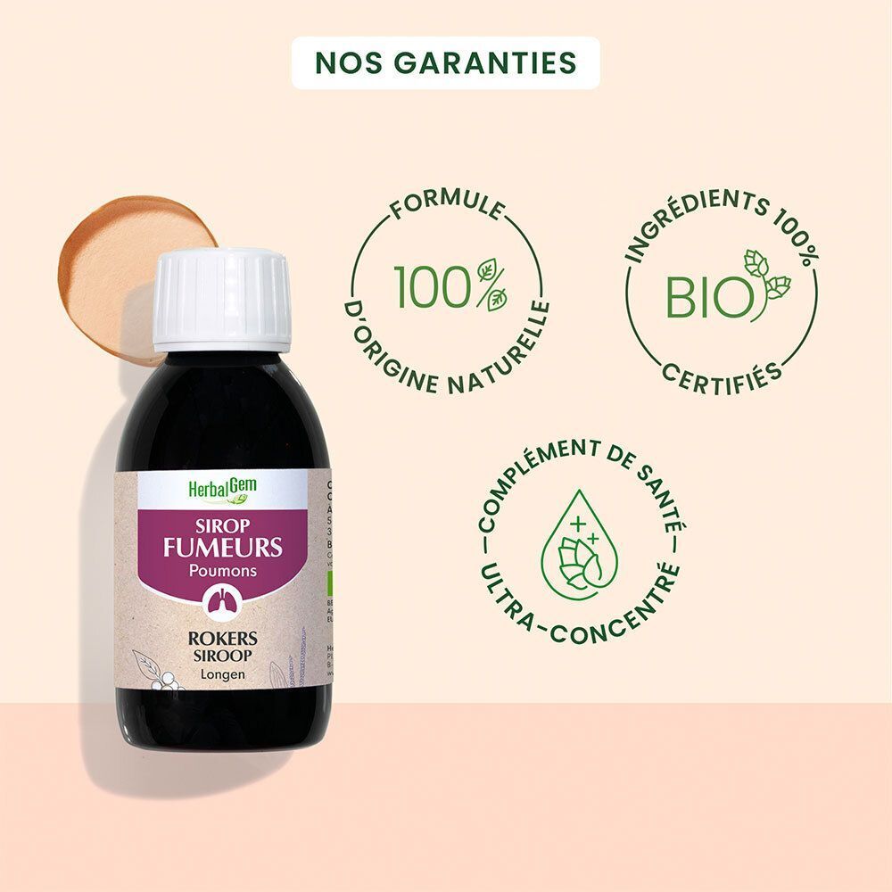 Flacon de Sirop Fumeurs HerbalGem avec logos: ingrédients 100% naturels, certification bio, ultra-concentré.