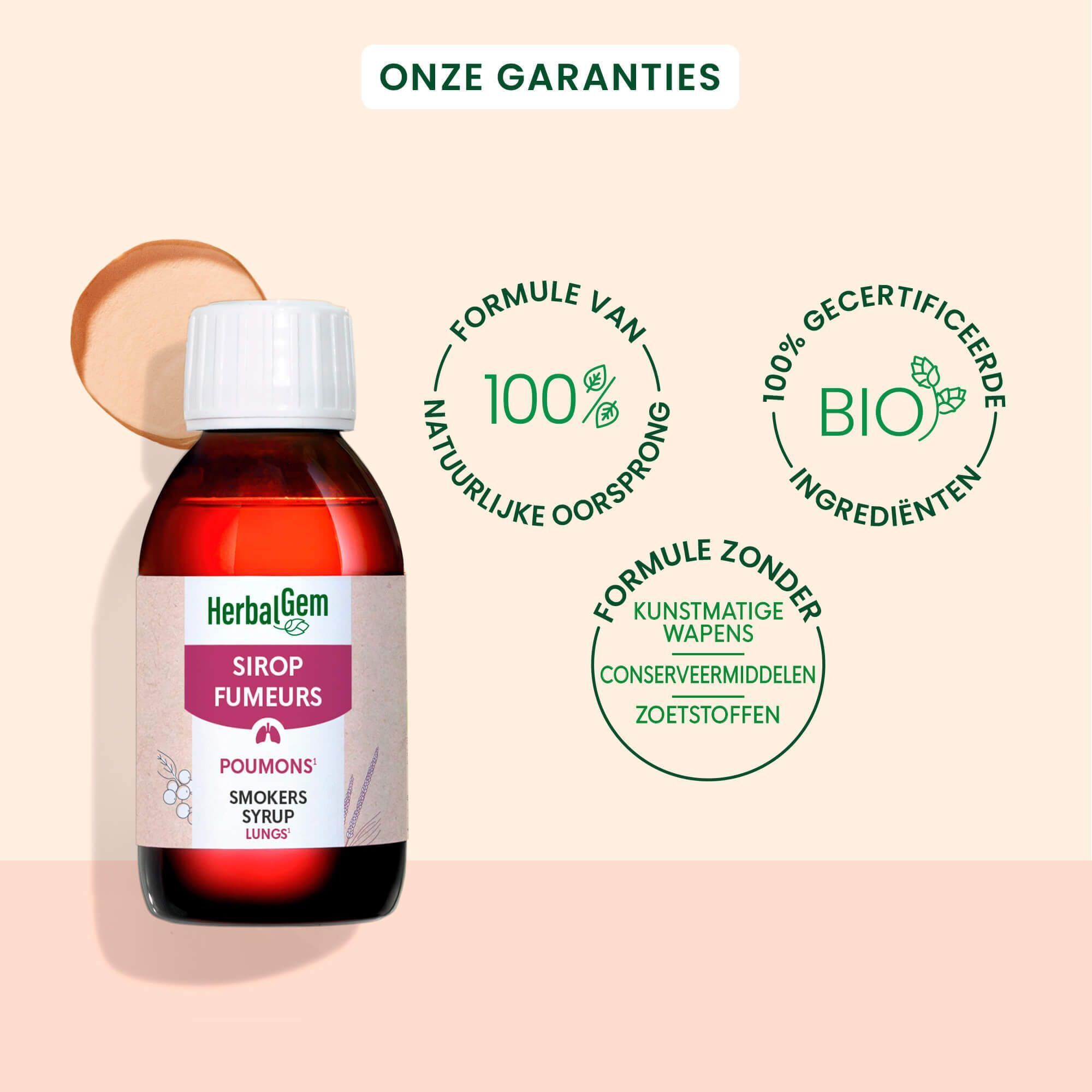 Fles HerbalGem Sirop Fumeurs met logo's: 100% natuurlijke ingrediënten, bio-certificering, zonder conserveermiddelen.