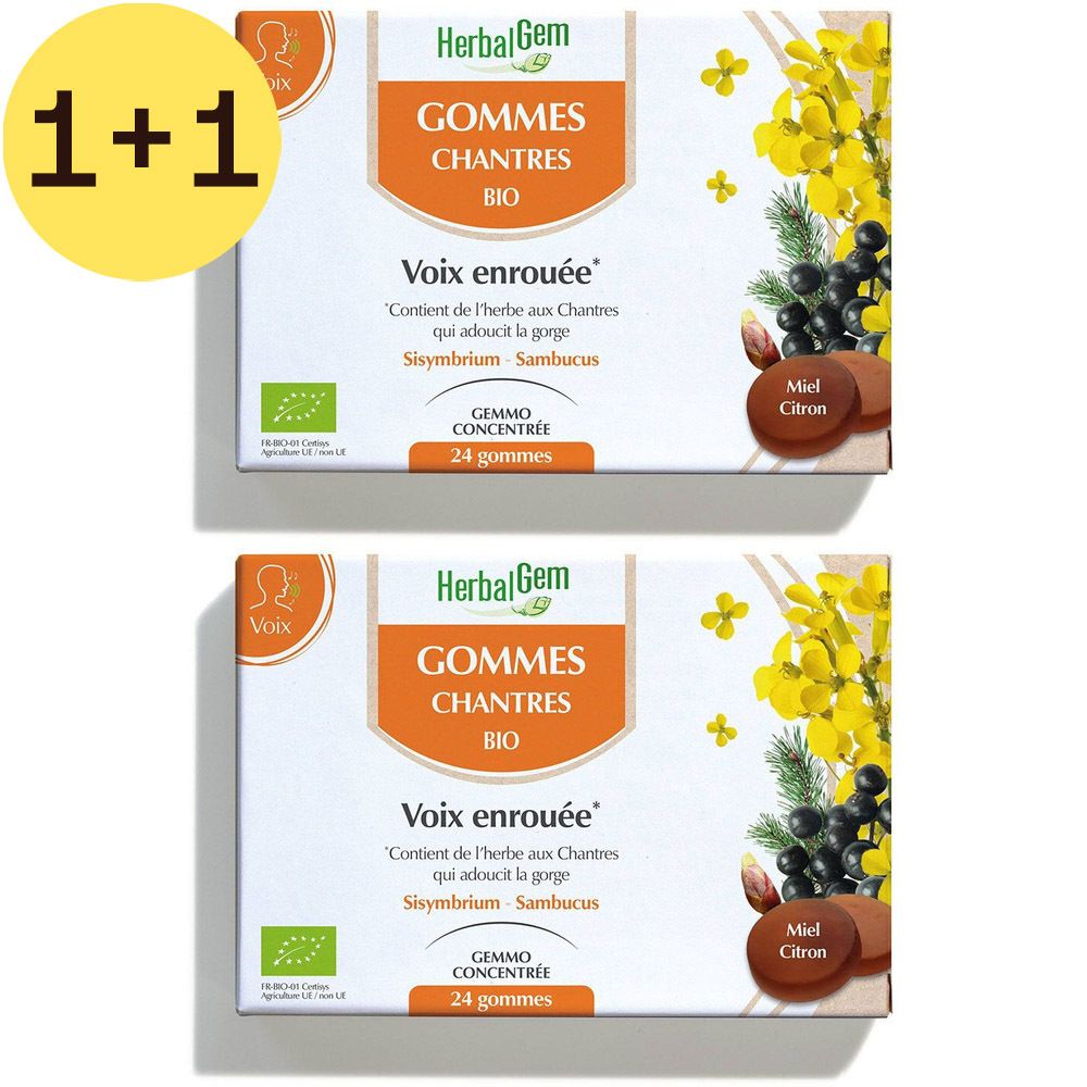 Twee dozen "HerbalGem Gommes Chantres BIO". Tekst: "Voix enrouée". Bevat 24 gummies. Smaak honing citroen.