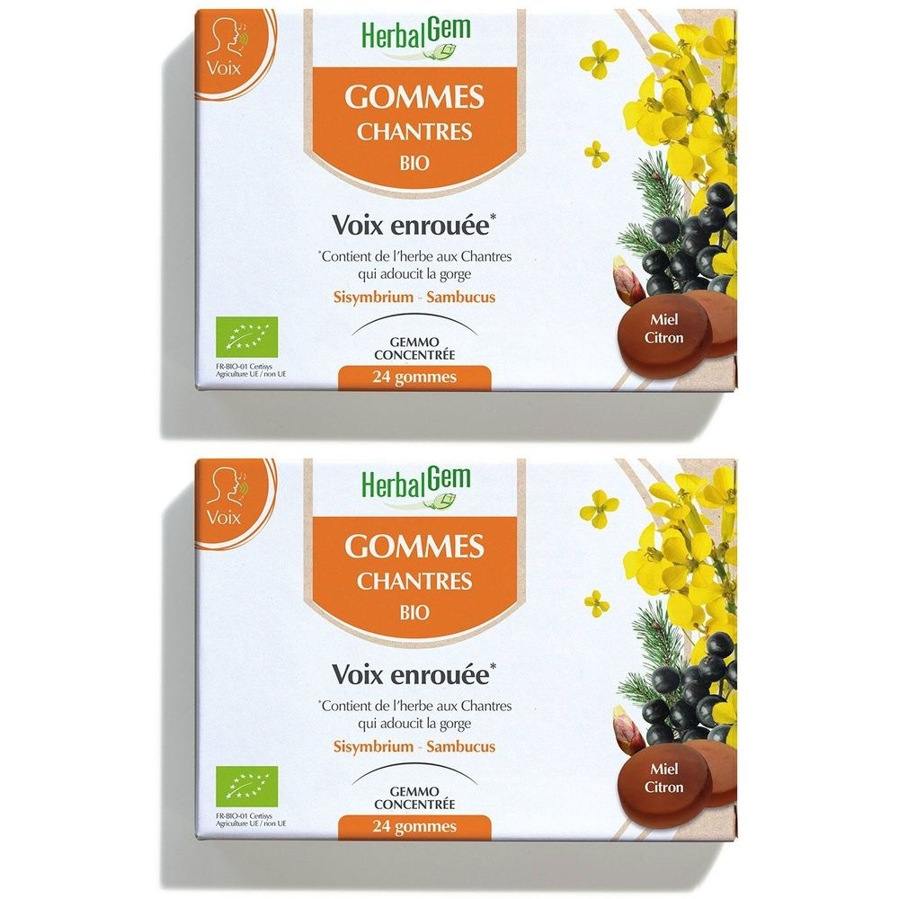Twee dozen "Gommes Chantres Bio". Oranje tekst op witte achtergrond. Tekst: "Voix enrouée", "24 gommes". Logo "AB Agriculture Biologique".