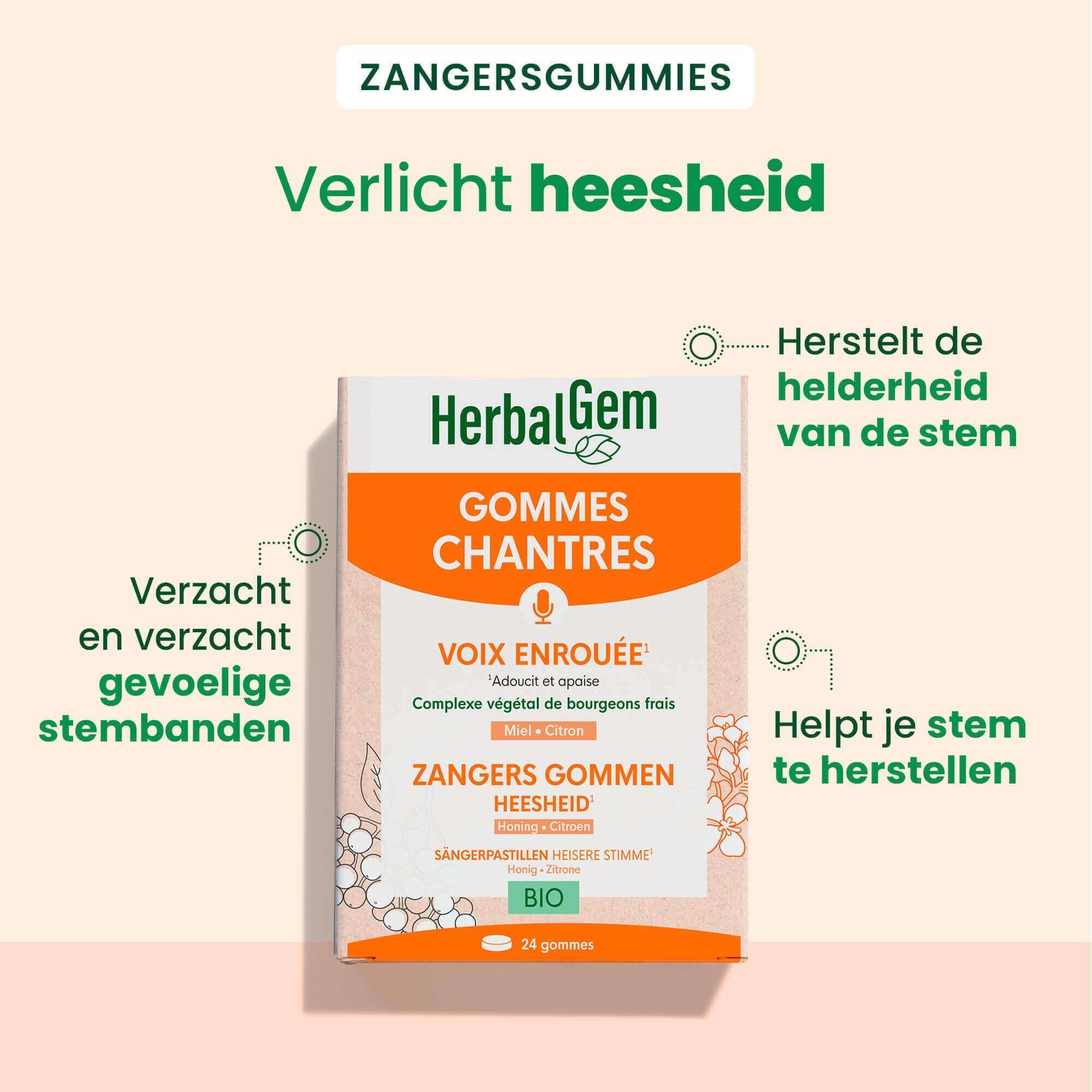 Twee dozen HerbalGem kauwgoms. Opschrift: Zangers Gommen Heesheid, 24 gummies. Met gele bloemen en zwarte bessen.