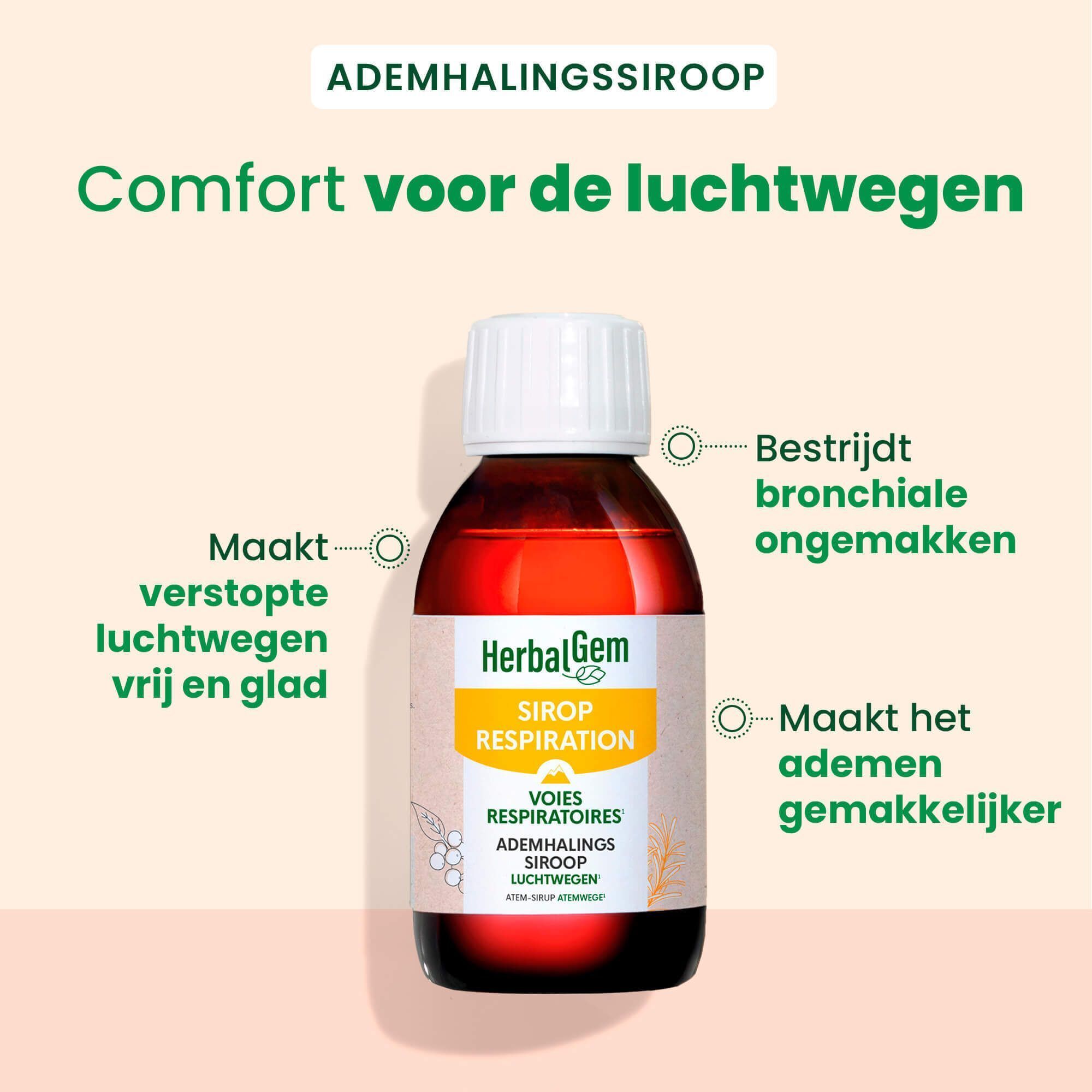 Een fles HerbalGem Ademhalingssiroop Bio. Opschrift: Siroop Respiration. Tekst: Confort des voies respiratoires.