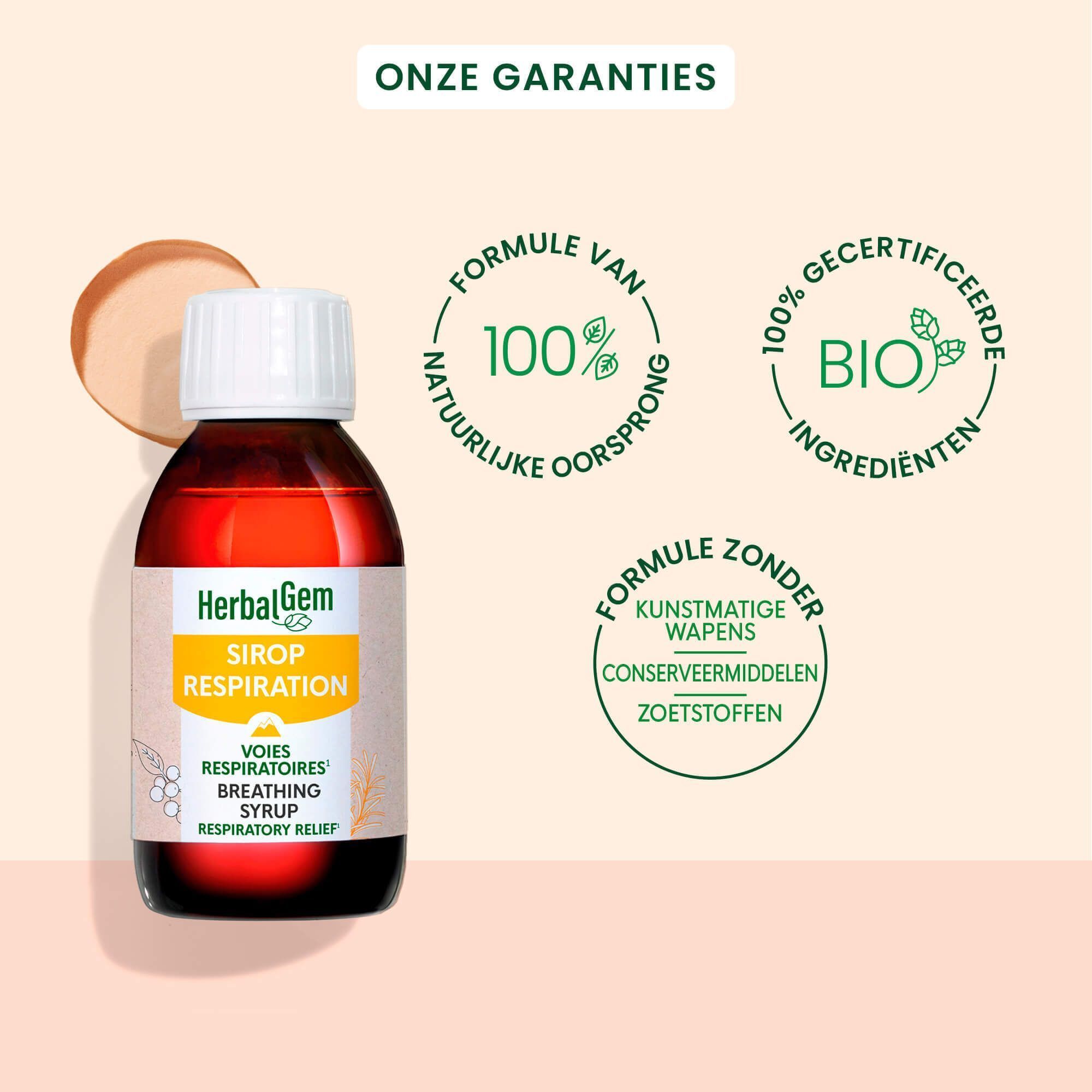 Een fles HerbalGem Ademhalingssiroop Bio. Opschrift: Siroop Respiration. Bio-certificering. 100% natuurlijke ingrediënten.