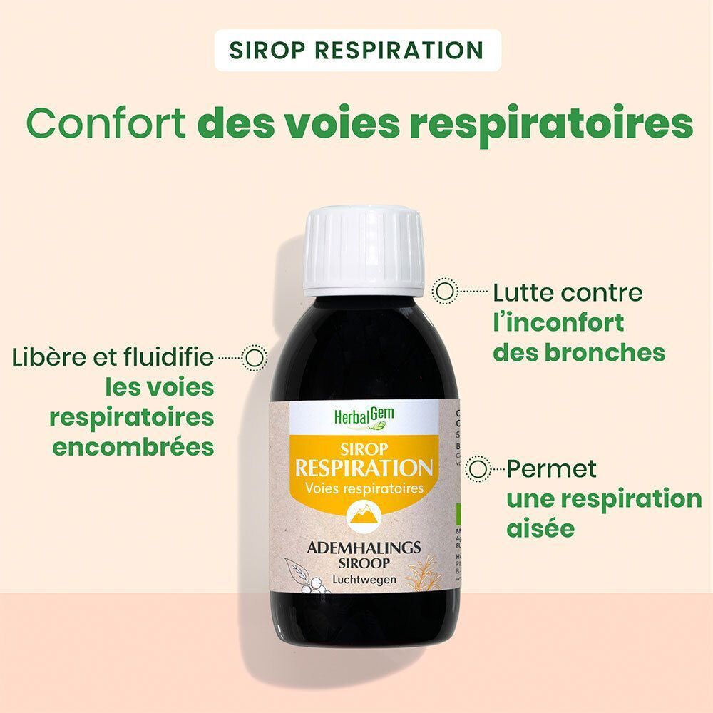 Un flacon de sirop HerbalGem. Liquide noir, bouchon blanc. Texte sur l'étiquette.
