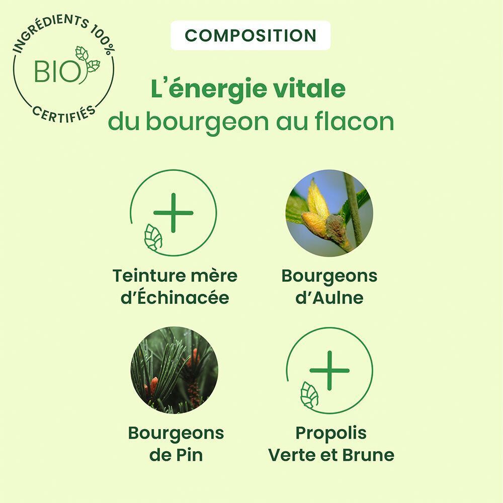 Un flacon de sirop HerbalGem. Liquide noir, bouchon blanc. Certification bio.