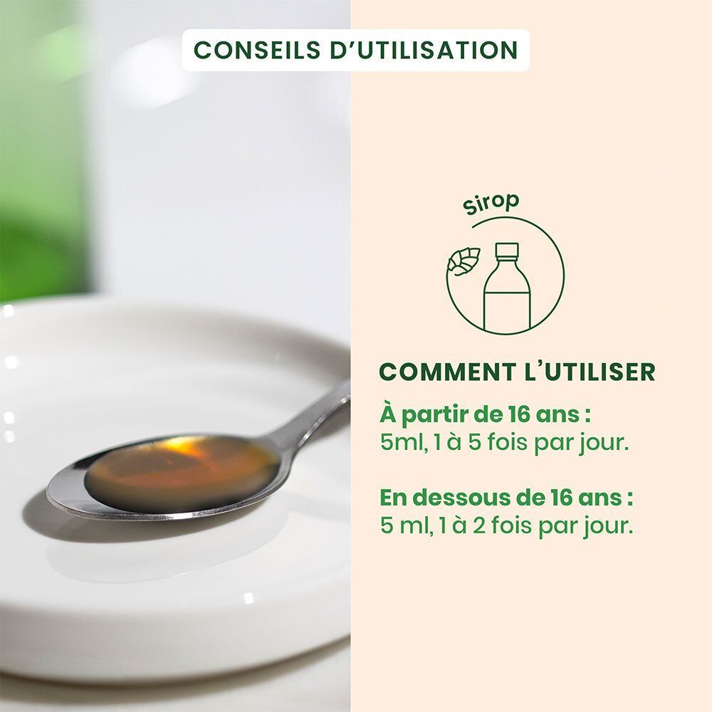 Cuillère avec sirop. Bouteille avec symbole de sirop. Texte: Utilisation dès 16 ans.