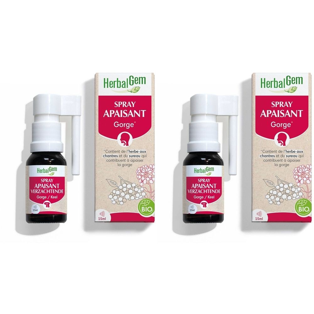 Twee flacons met witte verstuiver en dozen. Opschrift: Spray Apaisant Gorge. Bio-certificering.