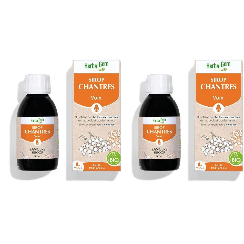 Trois flacons et emballages. Inscription: HerbalGem Sirop Chantres Voix. Certification bio.