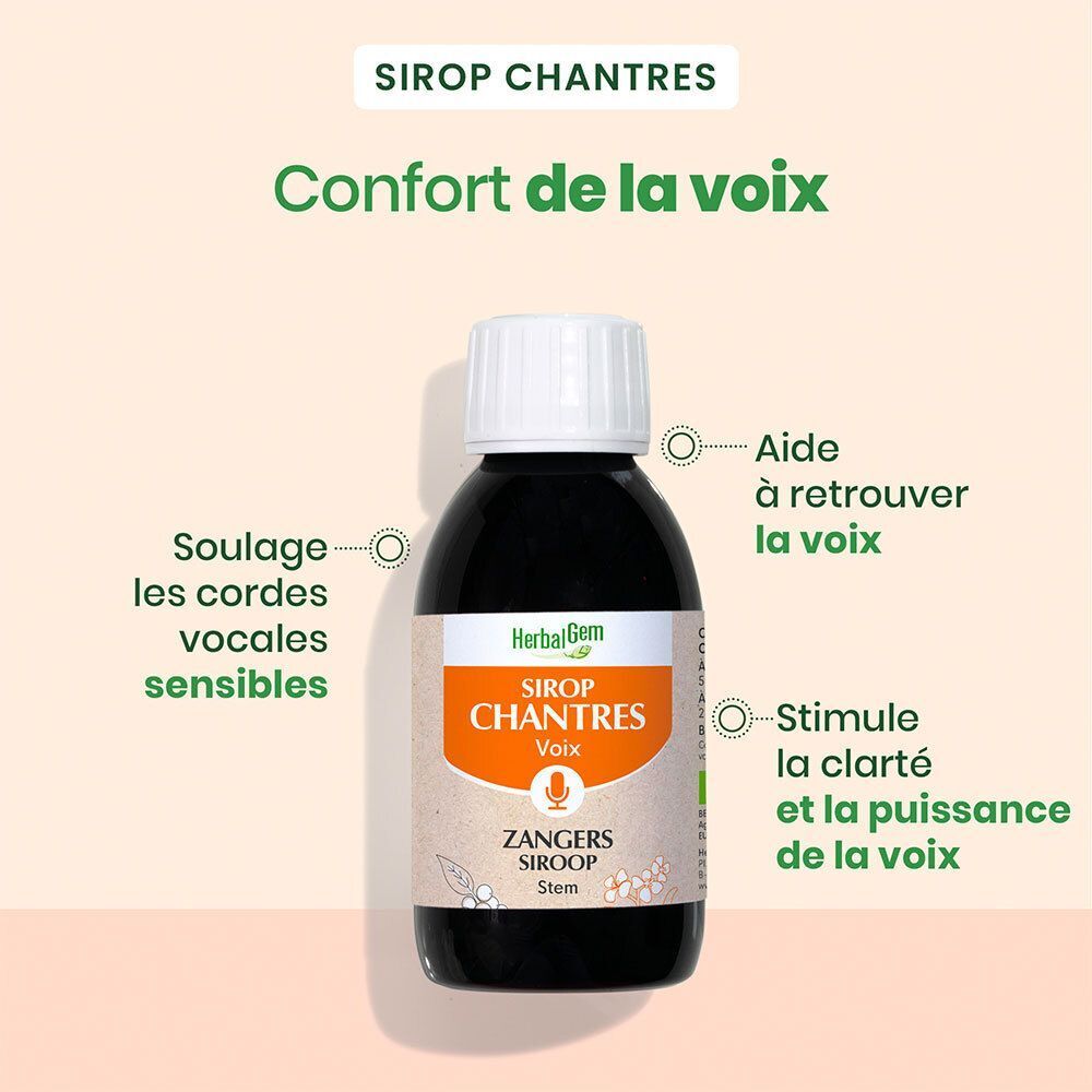 Un flacon avec bouchon blanc. Inscription: HerbalGem, Sirop Chantres, Voix, Zangers Siroop. Texte: Confort de la voix.