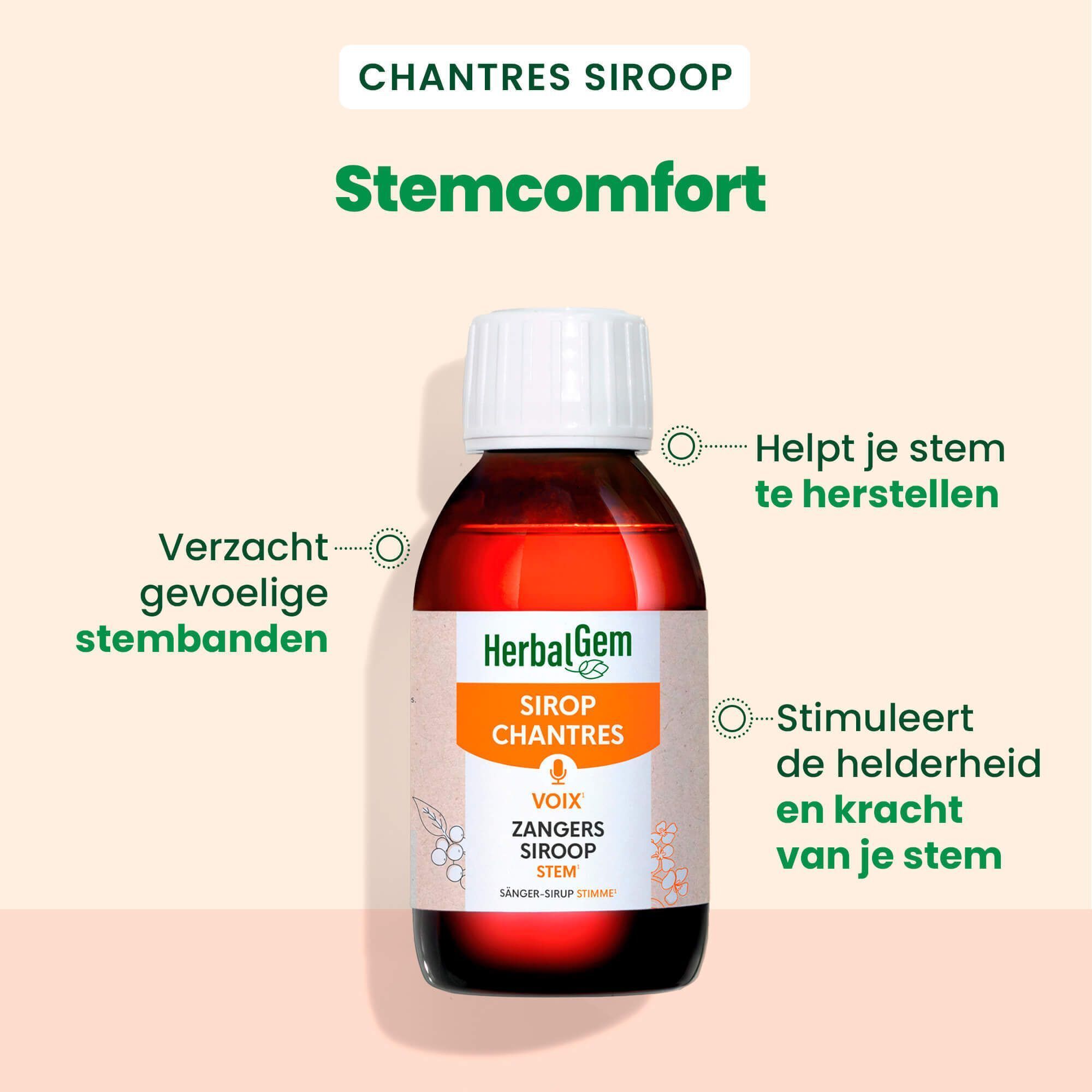 Een fles met witte dop. Opschrift: HerbalGem, Sirop Chantres, Voix, Zangers Siroop. Tekst: Stemcomfort.