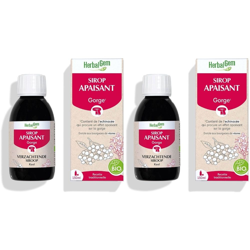 Trois flacons et emballages de HerbalGem Sirop Apaisant. Inscription: Sirop Apaisant Gorge.