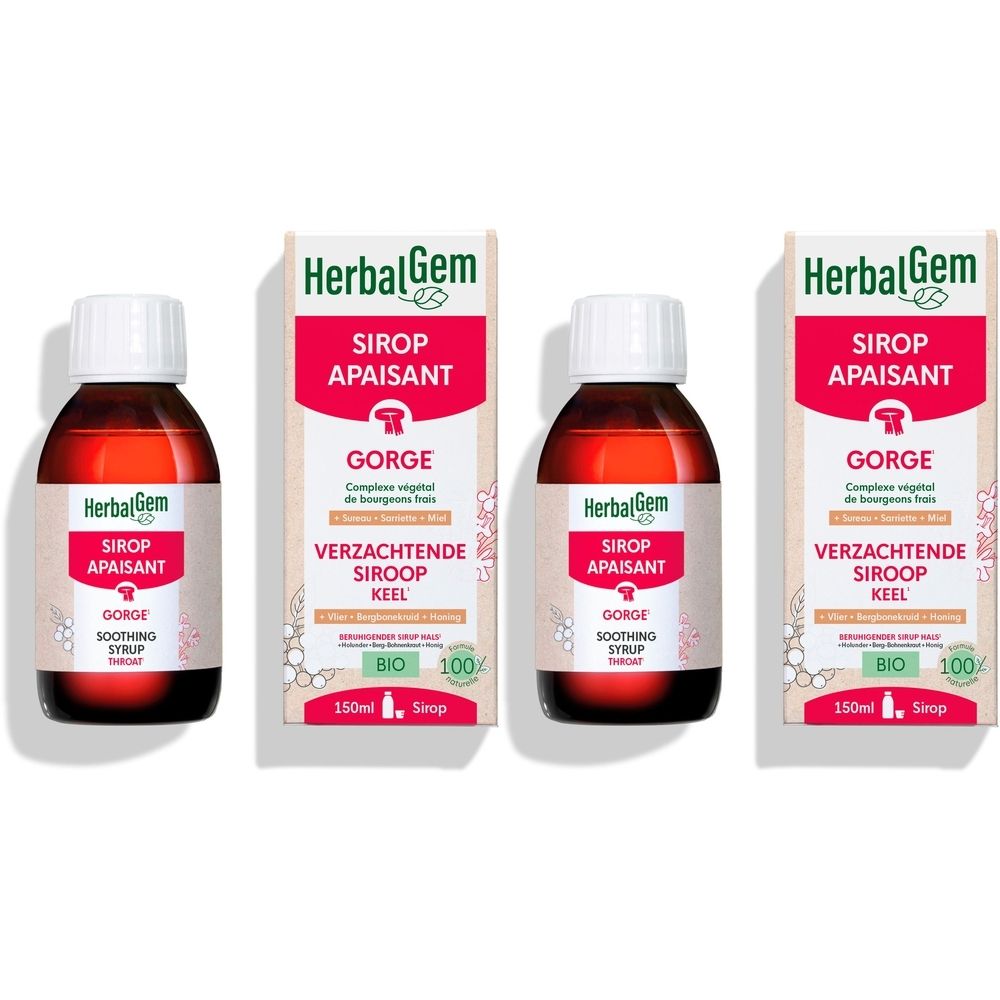 Drie flessen en verpakkingen van HerbalGem Sirop Apaisant. Opschrift: Sirop Apaisant Gorge.