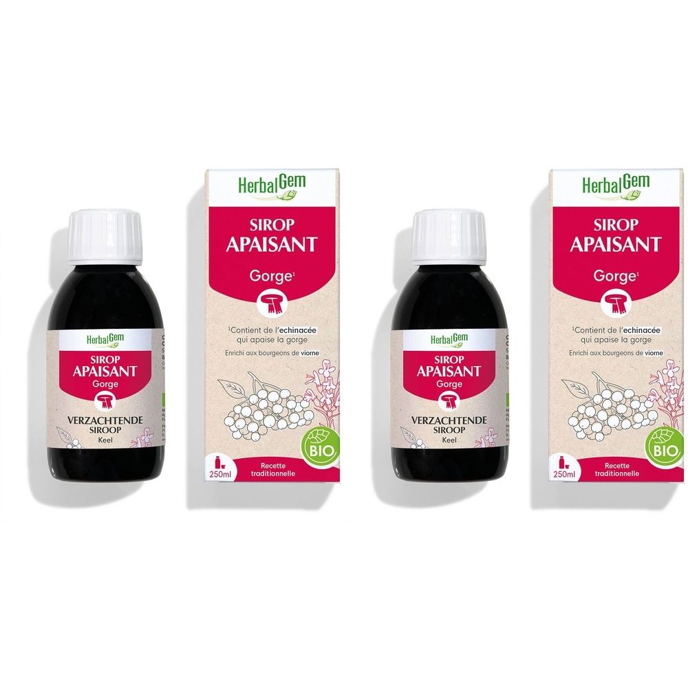 Deux flacons et emballages. Inscription: HerbalGem Sirop Apaisant Gorge. Certification bio.