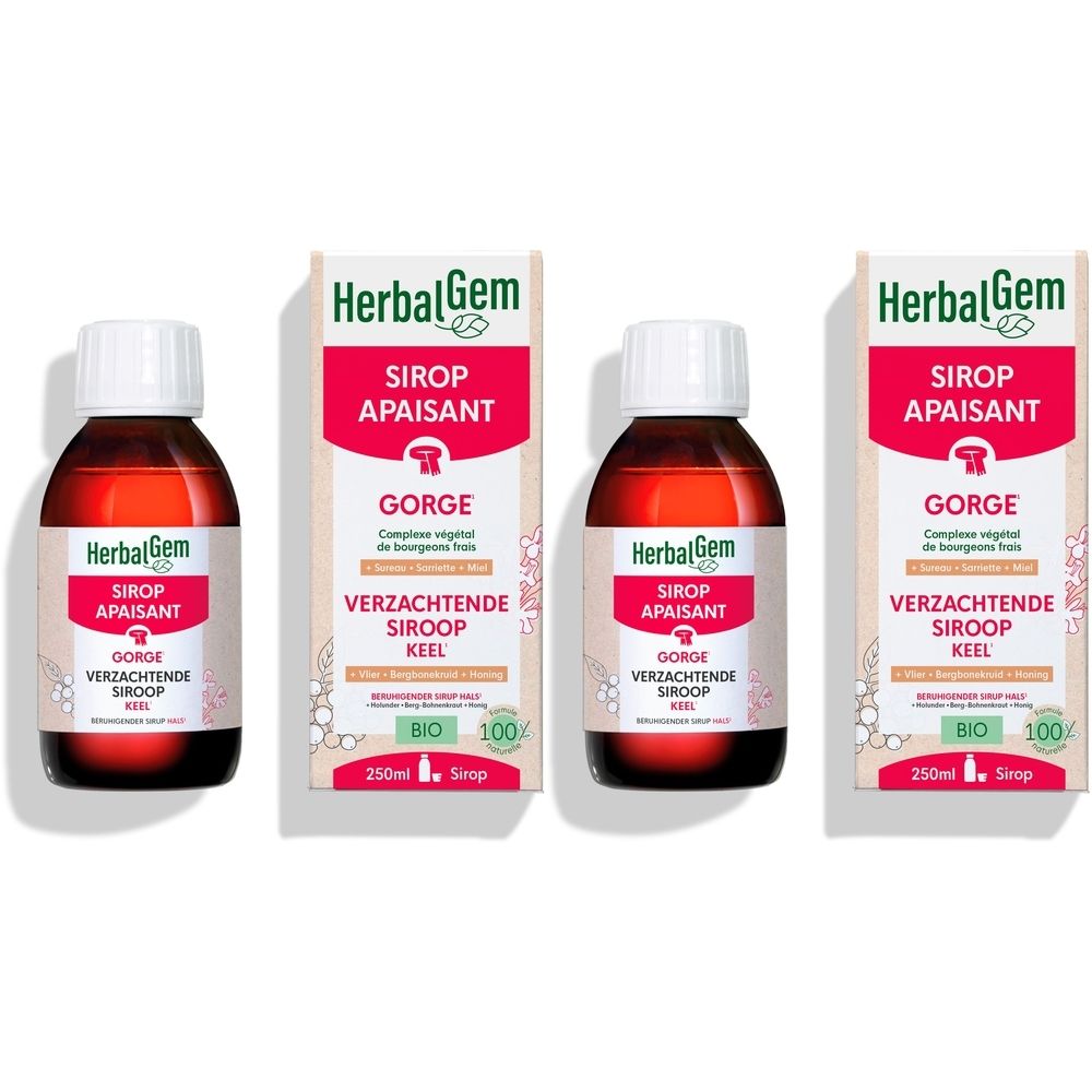 Twee flessen en verpakkingen. Opschrift: HerbalGem Sirop Apaisant Gorge. Bio-certificering.