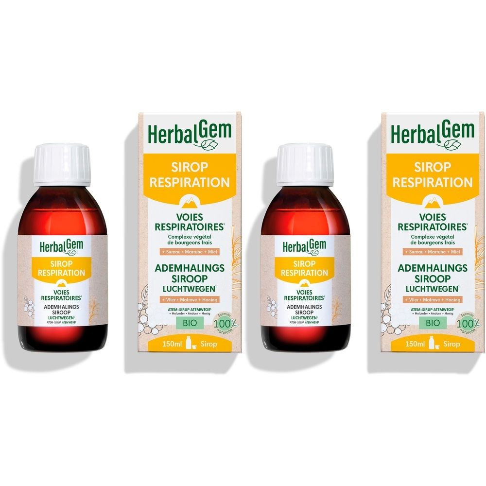 HerbalGem Respiration Bio. Flessen en verpakkingen met productinformatie. 100% Bio-certificering.