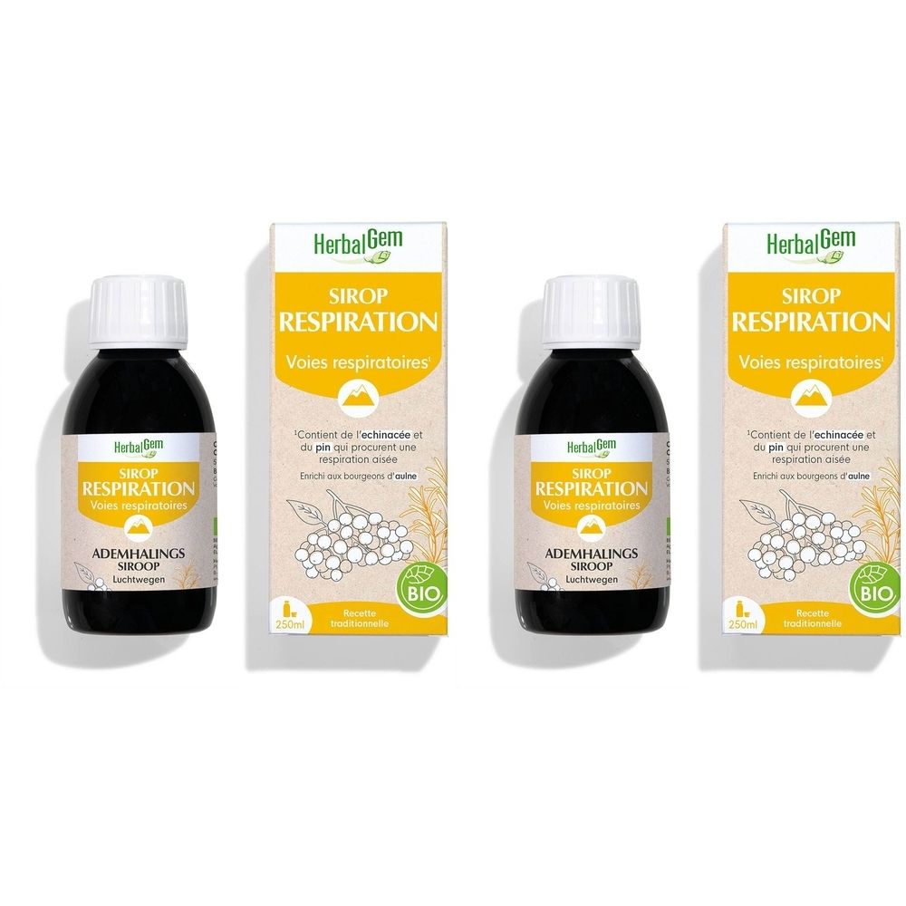 HerbalGem Sirop Respiration. Flacons et emballages. Certification Bio. Inscription: Voies respiratoires.