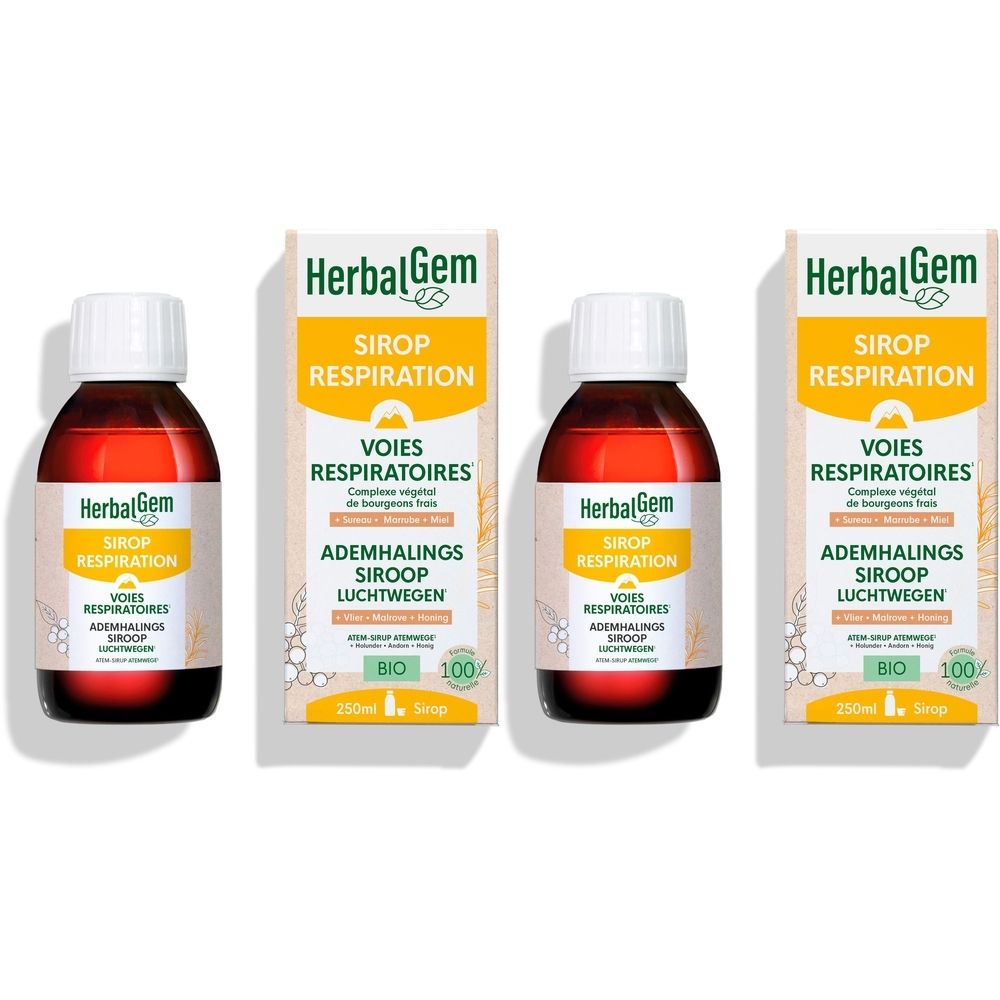 HerbalGem Sirop Respiration. Flessen en verpakkingen. Bio-certificering. Opschrift: Voies respiratoires.