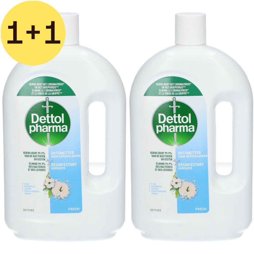 Deux flacons blancs de désinfectant Dettol Pharma. Étiquettes avec informations produit et inscription "Fresh". Autocollant jaune avec "1+1".