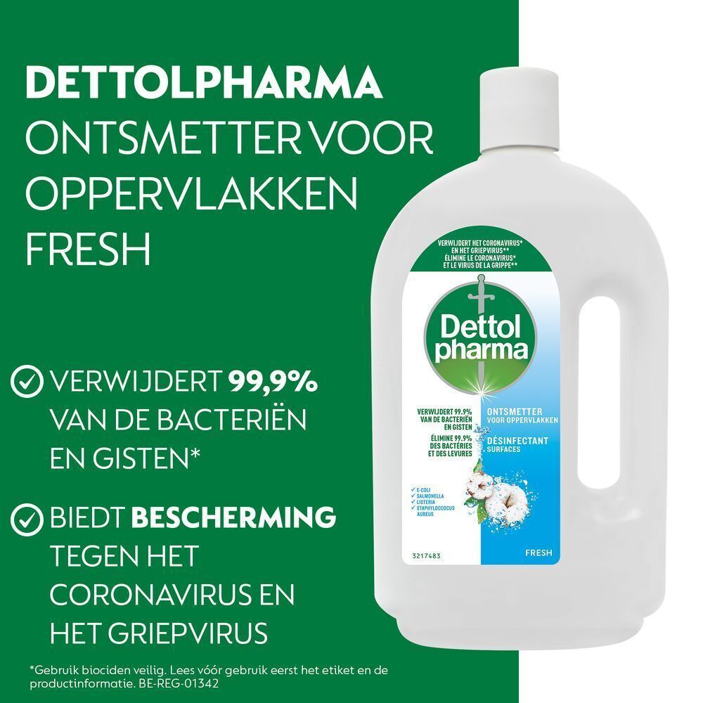 Witte fles met groen etiket. Tekst: Dettolpharma ontsmetter voor oppervlakken FRESH. Verwijdert 99,9% van bacteriën en gisten.