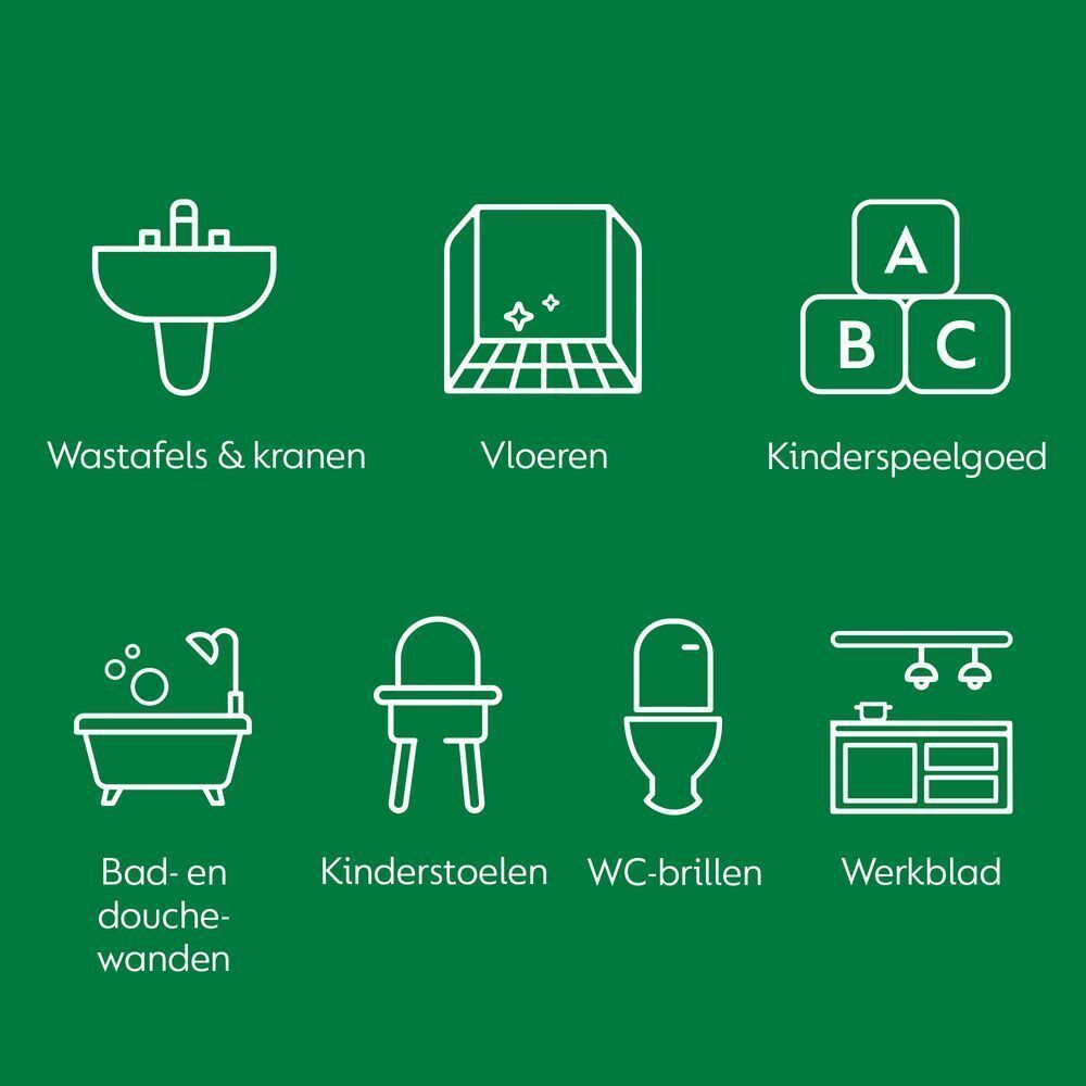 Groene achtergrond met witte symbolen. Wastafels, vloeren, speelgoed, bad, kinderstoel, wc-bril, werkblad.