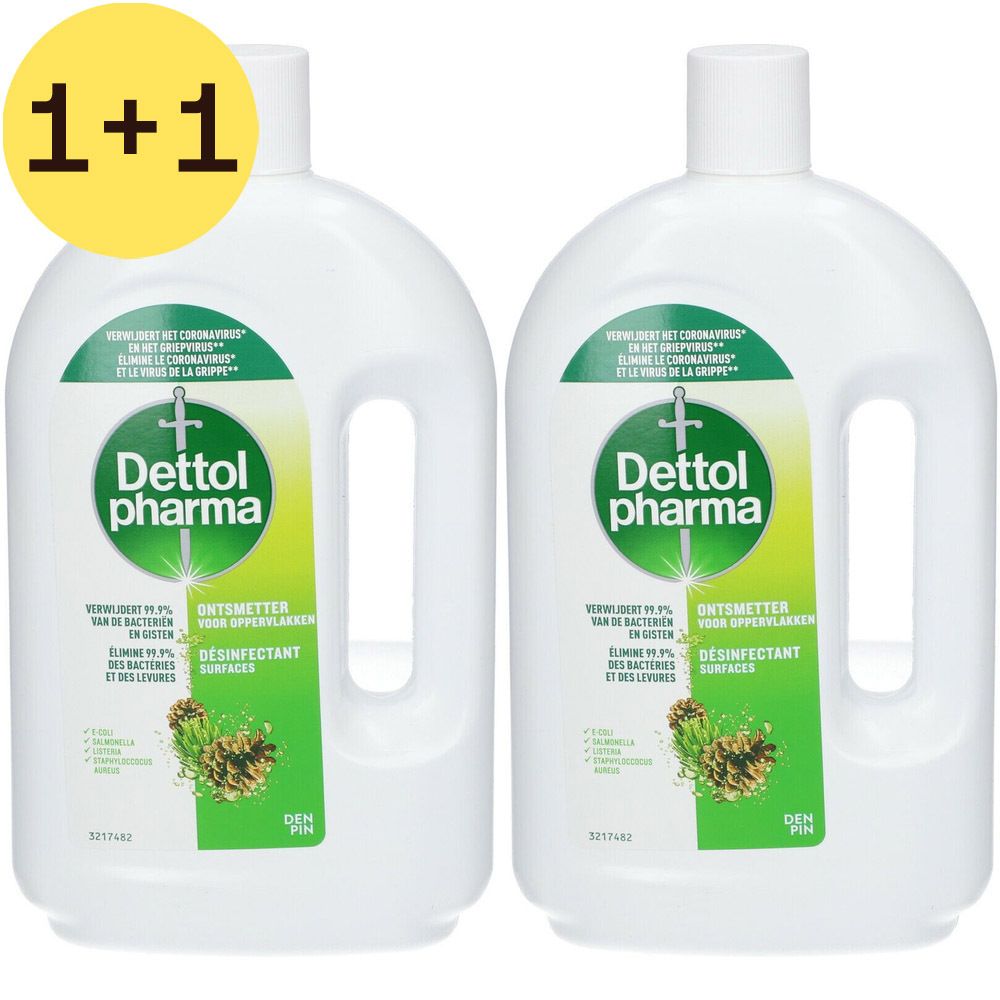 Deux flacons blancs avec étiquettes. Les étiquettes indiquent "Dettol pharma". Un autocollant jaune avec "1+1" est également visible.