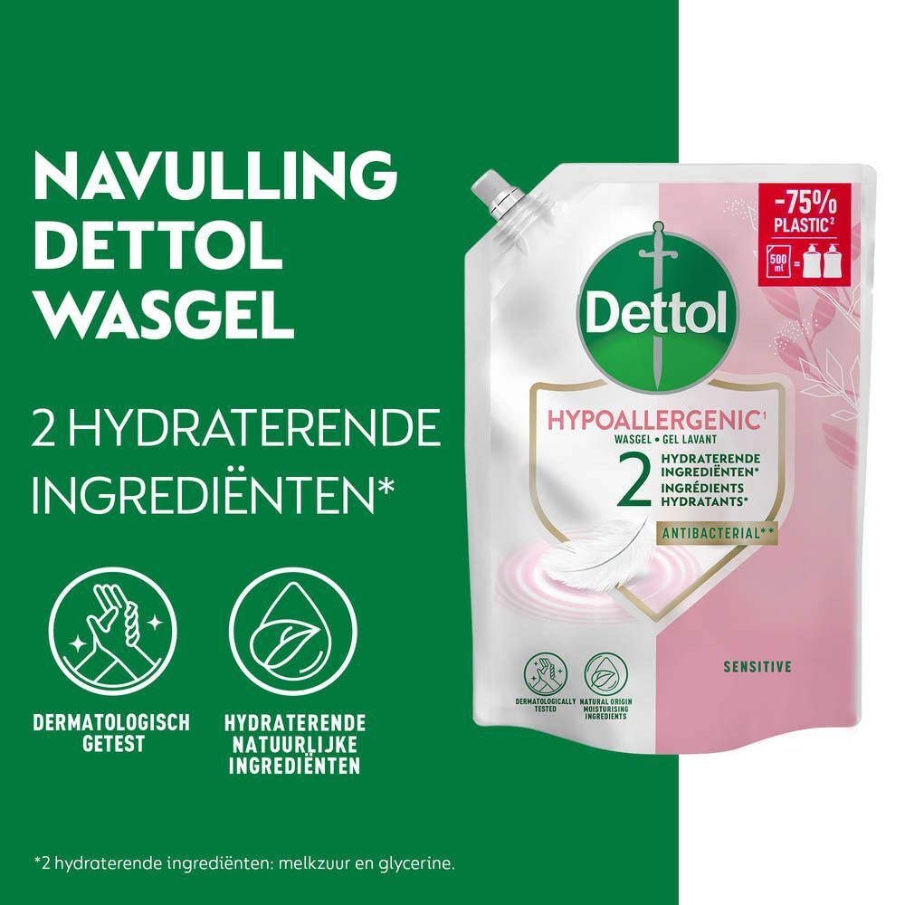 Dettol wasgel navulling. Roze verpakking met groene elementen. Hypoallergeen, 2 hydraterende ingrediënten, antibacterieel.