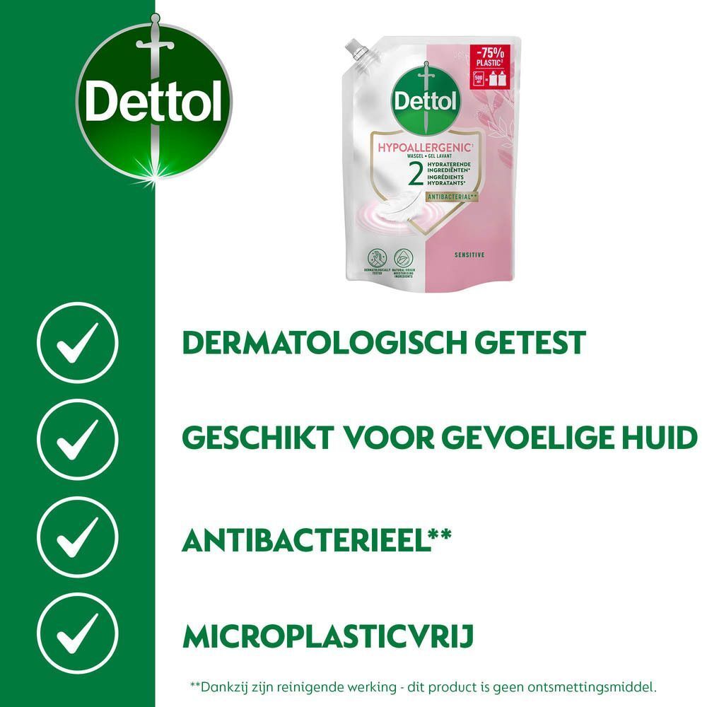 Dettol wasgel, roze verpakking. Dermatologisch getest, geschikt voor gevoelige huid, antibacterieel, microplasticvrij.