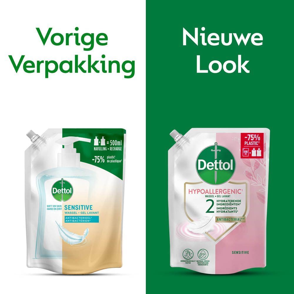 Vergelijking: oude en nieuwe verpakking van Dettol Sensitive wasgel. Nieuwe verpakking: roze, hypoallergeen, antibacterieel.