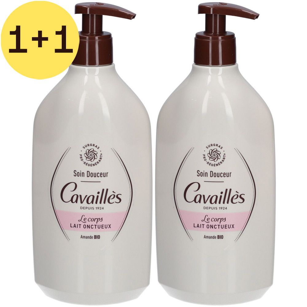 Twee witte flessen met bruine pompen. Opschrift: Cavaillès, Soin Douceur, Lait Onctueux. Gele sticker: 1+1.