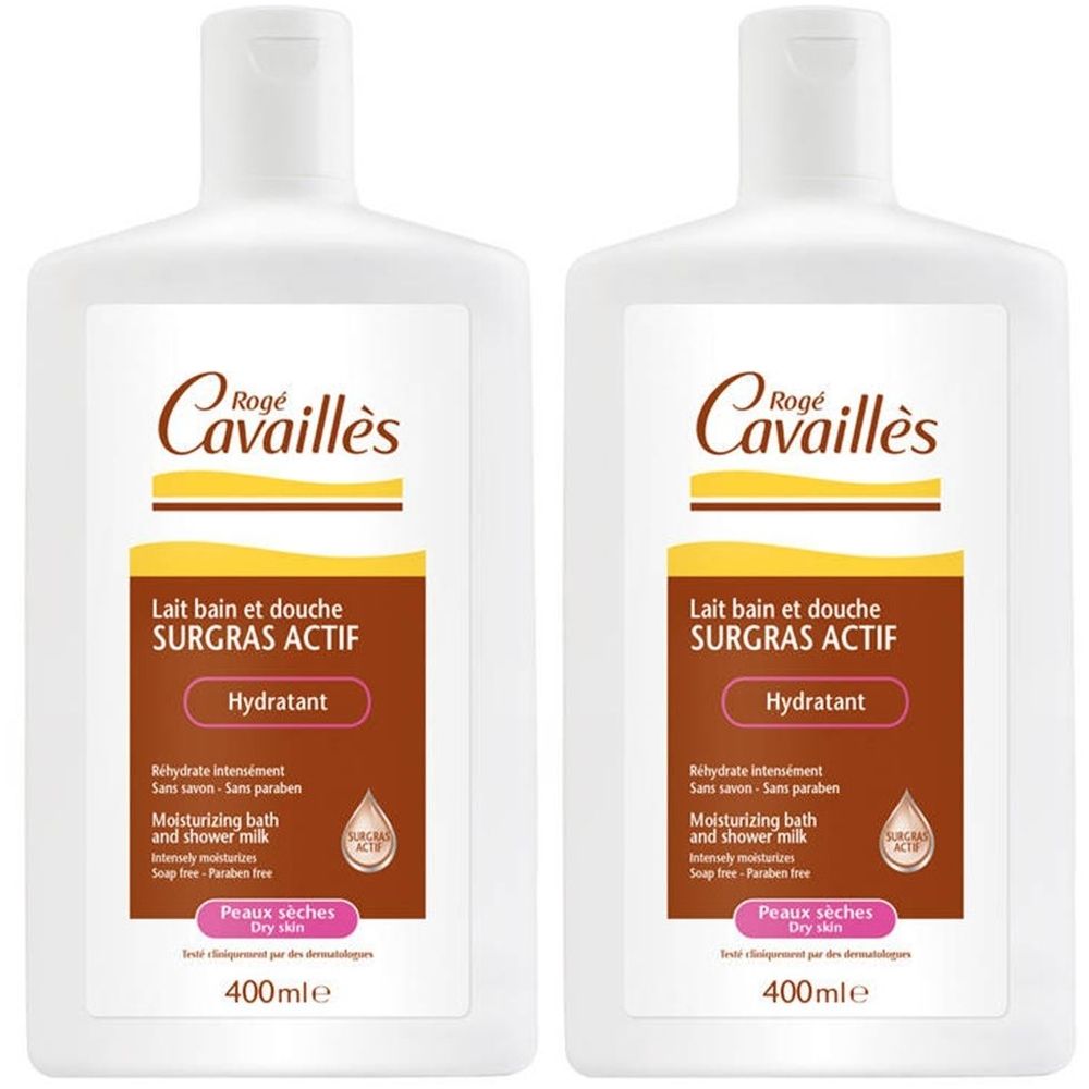 Twee witte flessen Rogé Cavaillès Lait Bain & Douche Surgras Actif Hydratant. Opschrift: Lait bain et douche, Hydratant, Peaux sèches, 400ml.