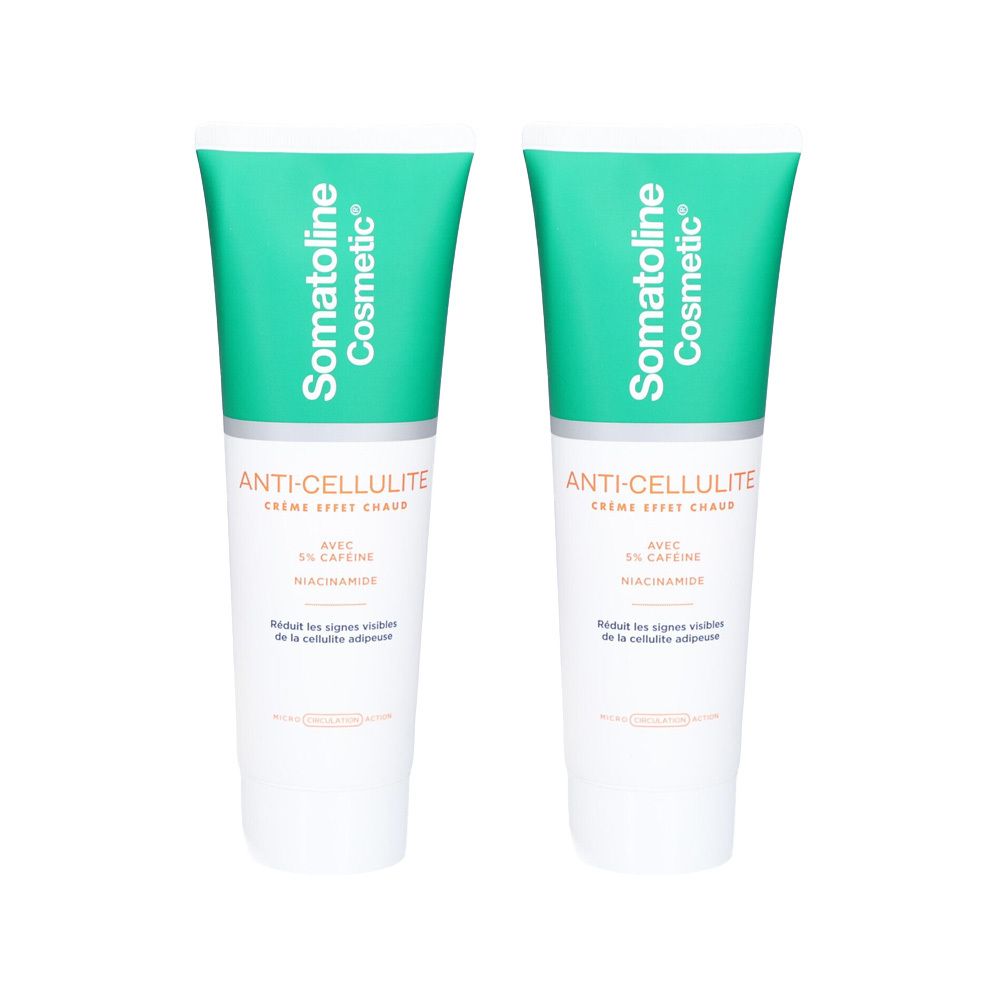 Twee tubes anti-cellulitecrème, groene dop en witte tube. Tekst: Anti-Cellulite, met 5% cafeïne, niacinamide.
