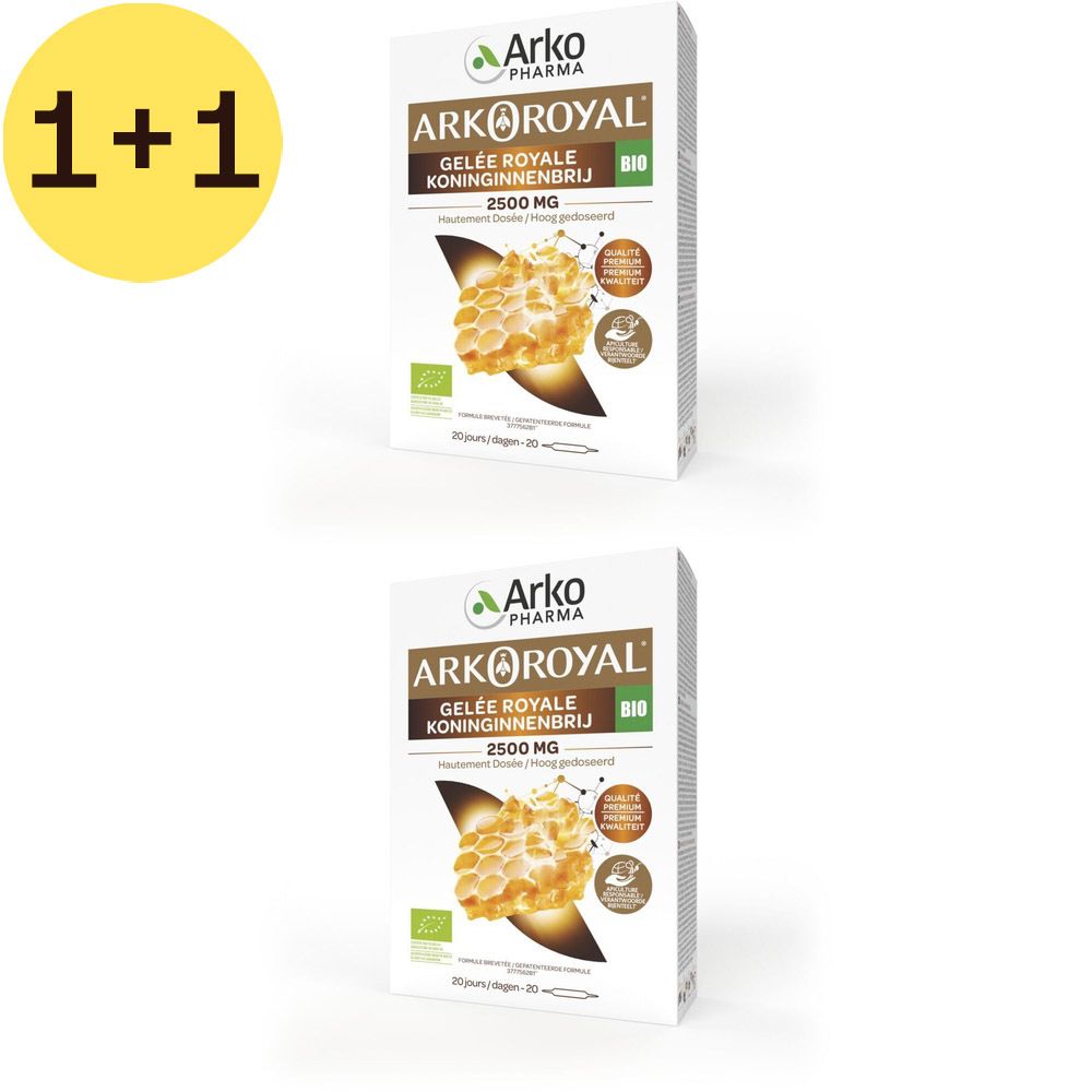 Twee dozen met ARKOROYAL Gelée Royale. Op elke doos staat 2500 MG en het Bio-label.