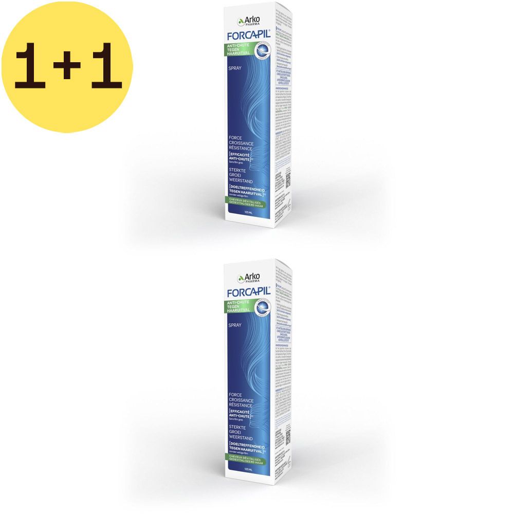 Deux boîtes de produit. Cercle jaune avec 1+1. Sur les boîtes : marque, nom du produit, texte et logo.