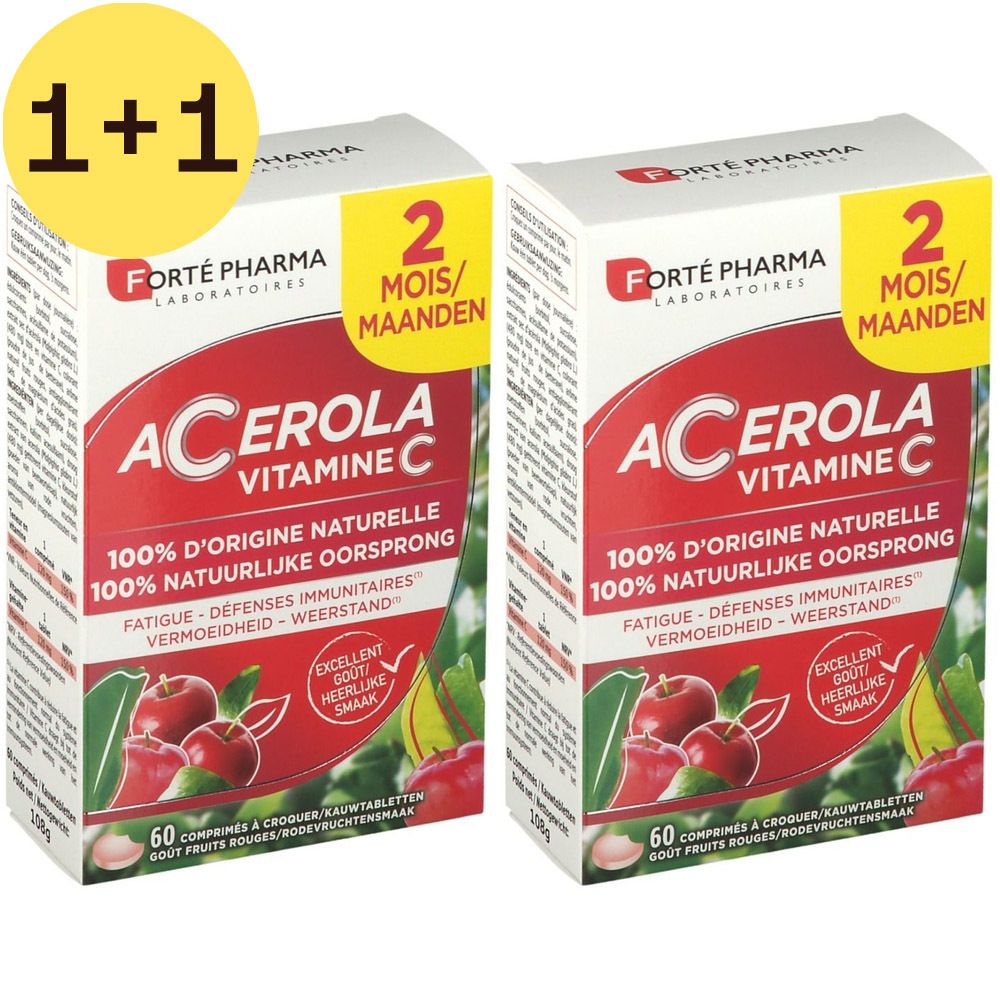 Deux boîtes de "Forté Pharma Acérola Vitamine C". Étiquette jaune 1+1. Emballage rouge et blanc avec informations produit.