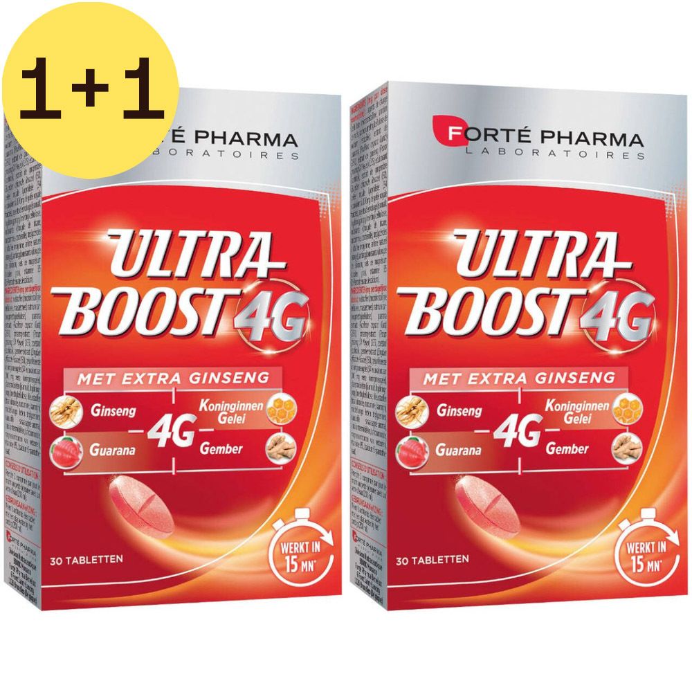 Twee dozen Forté Pharma Ultra Boost 4G. Opschrift: Ultra Boost 4G, met ginseng, 30 tabletten. Gele cirkel met "1+1". 