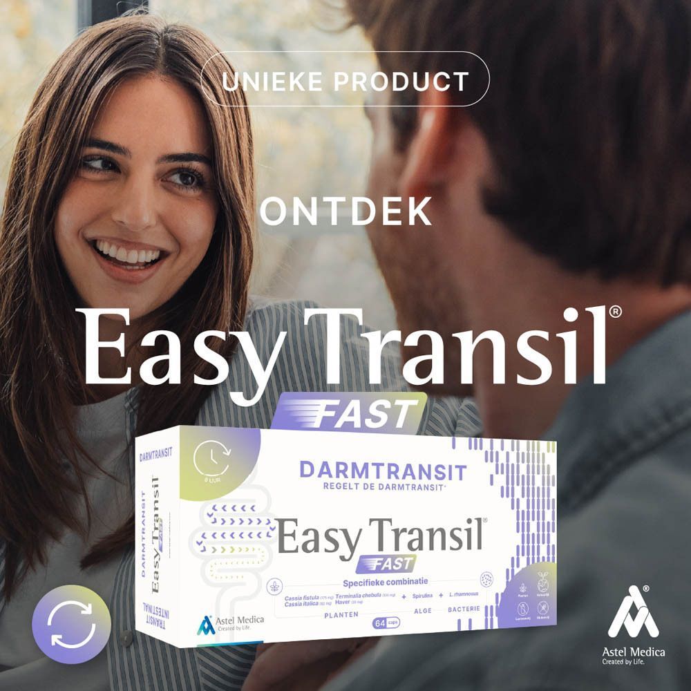 Verpakking Astel Medica Easy Transil Fast met darmtransit-informatie en plantenafbeeldingen.