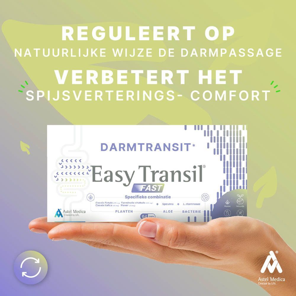 Verpakking Astel Medica Easy Transil Fast op houten standaard, met aanwijzingen voor natuurlijke oplossing.