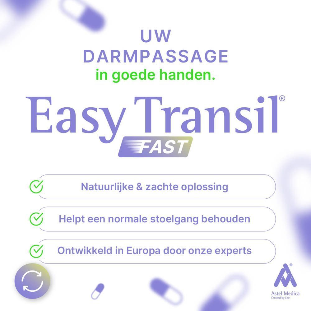 Hand die een verpakking Astel Medica Easy Transil Fast vasthoudt met aanwijzingen voor natuurlijke regulering.