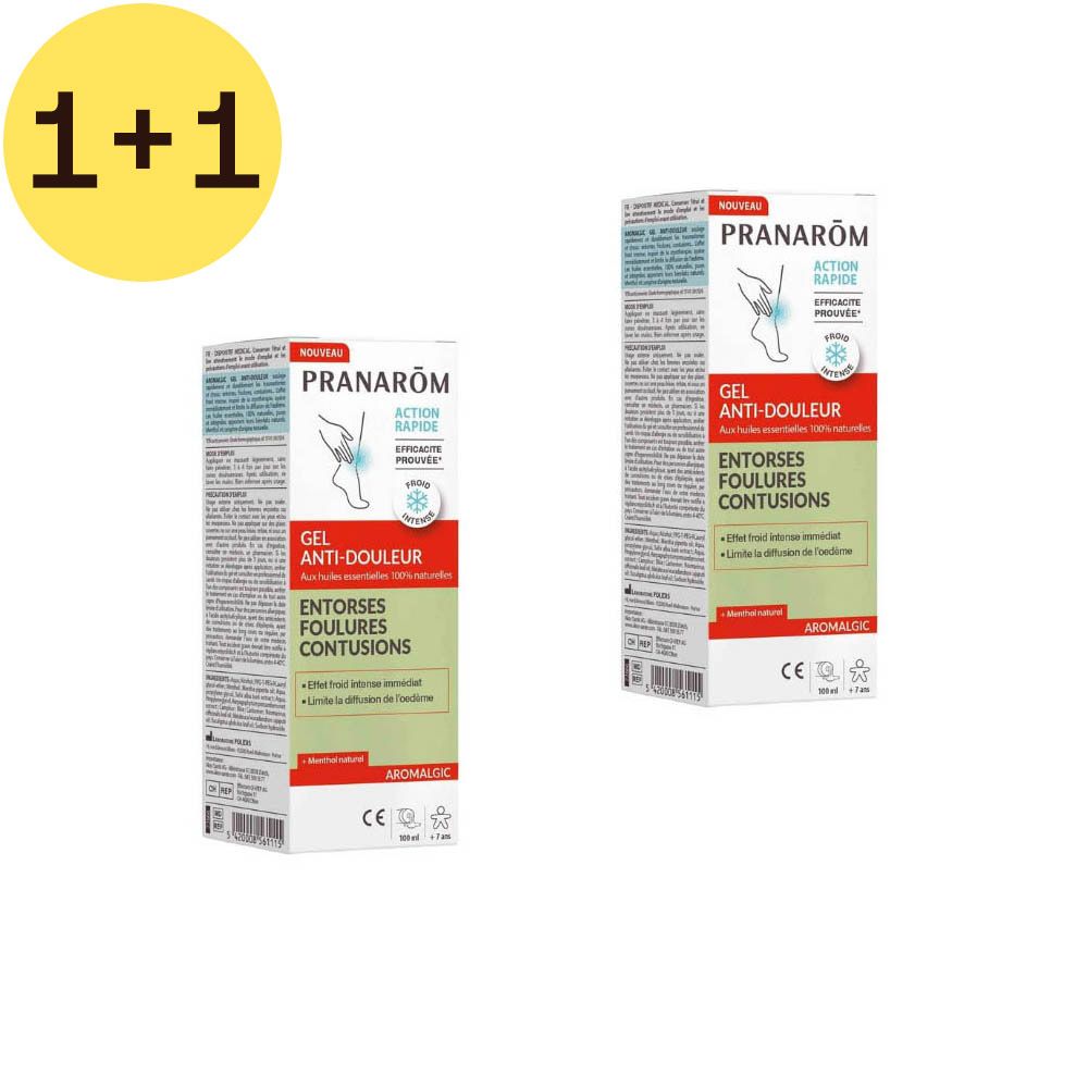 Twee dozen Pranarôm Gel Anti-douleur. Opschrift: Entorses, Foulures, Contusions. Gel tegen pijn.