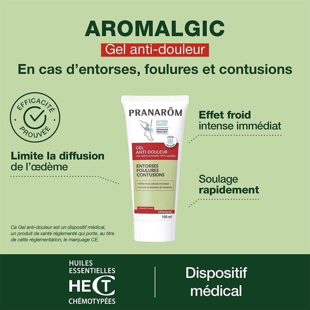 Tube Pranarôm Aromalgic Gel Anti-douleur. Inscription: Gel Anti-douleur, Entorses, Foulures, Contusions. Texte sur l'efficacité.