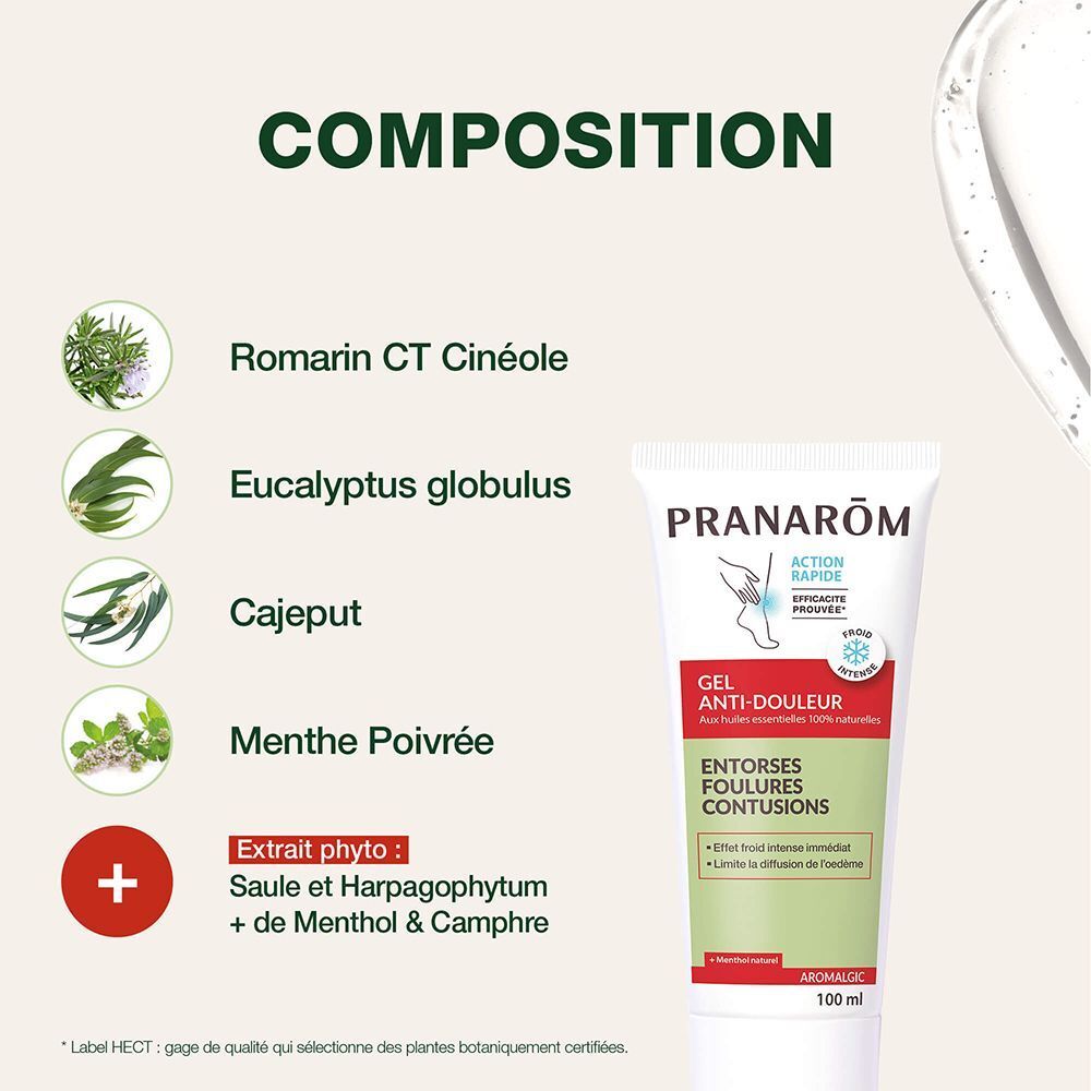 Tube Pranarôm Aromalgic Gel Anti-douleur. Ingrédients: Romarin, Eucalyptus, Cajeput, Menthe poivrée. Avec herbes.