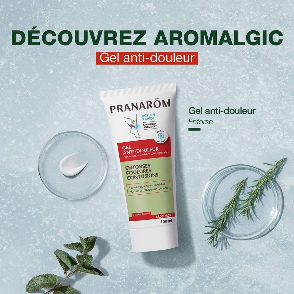 Tube Pranarôm Aromalgic Gel Anti-douleur. Avec herbes et gel. Inscription: Gel Anti-douleur, Entorse.