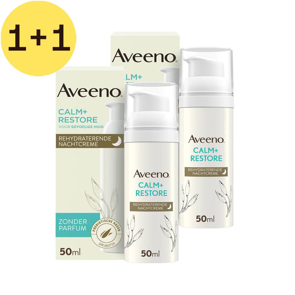 Aveeno Calm+Restore nachtcrème, twee flacons en een verpakking. Opschrift: Zonder Parfum, 50ml.